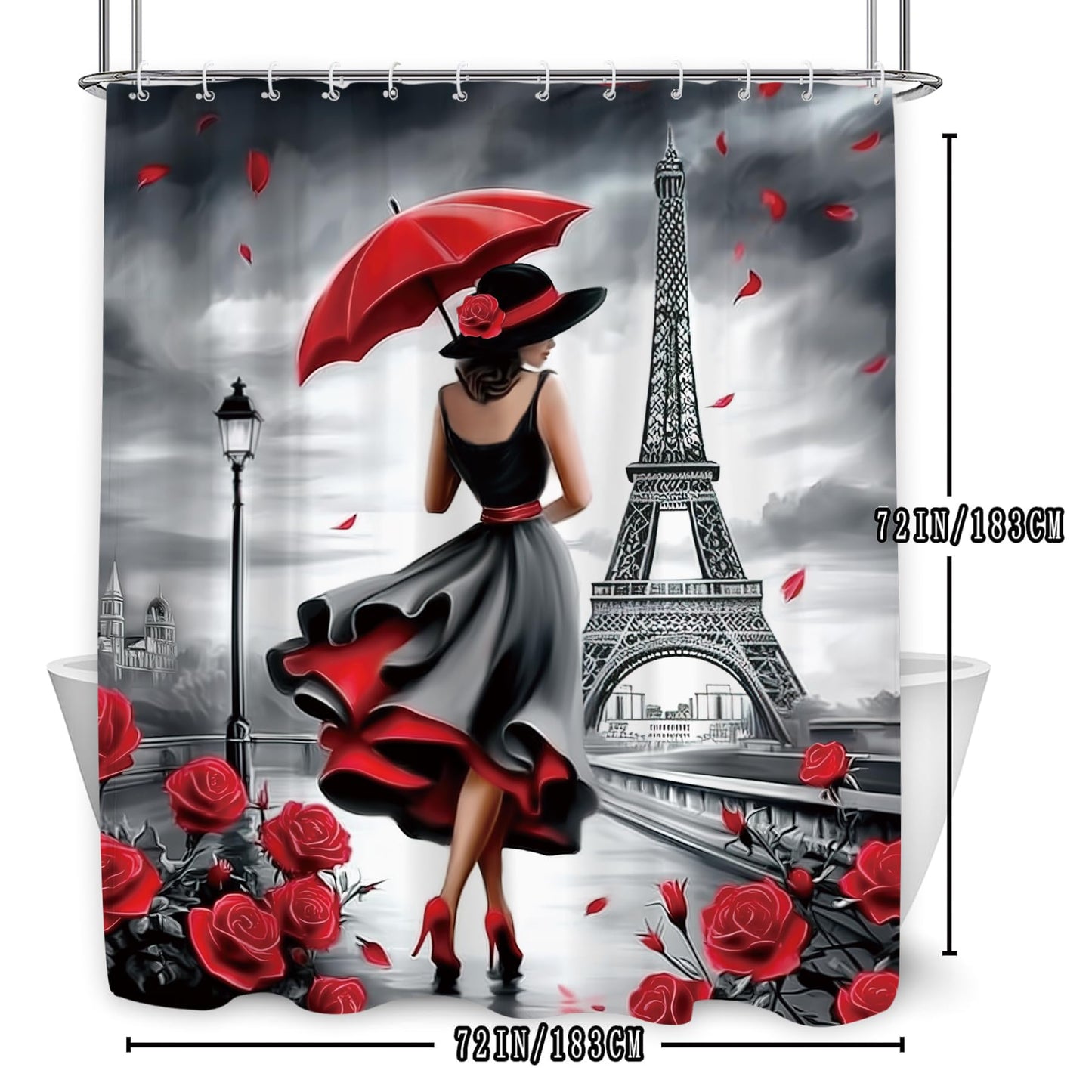 Glioown Black Red Paris Eiffel Tower Shower Curtain 60Wx71L, Elegant Lady Romantic Shower Curtains for Bathroom, Rose Scenery Shower Curtain Set 12 Pack Hooks