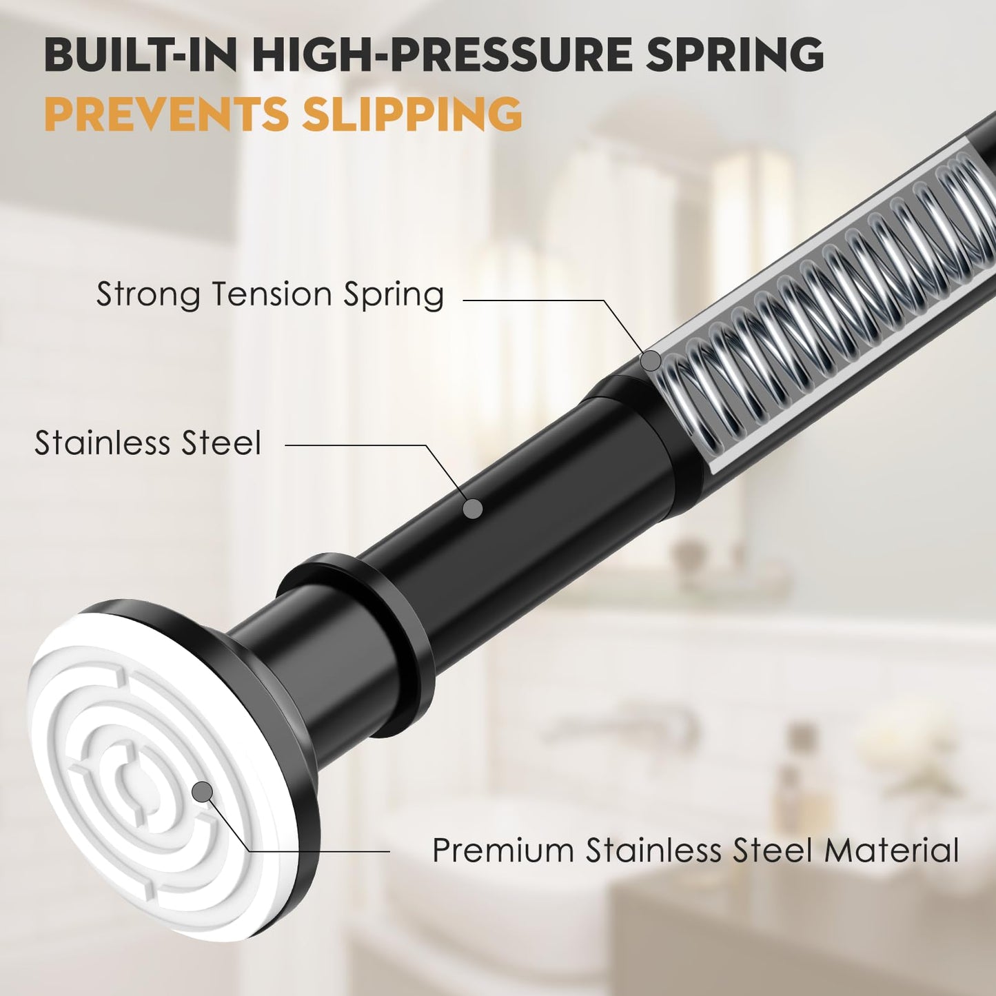 Haryaers Black Long Curtain Rod Tension Shower Curtain Rods 30 to 120 inch Adjustable Spring Heavy Duty Rods for Bathroom Windows Outdoor No Drill No Slip Spliced and Telescopic Design