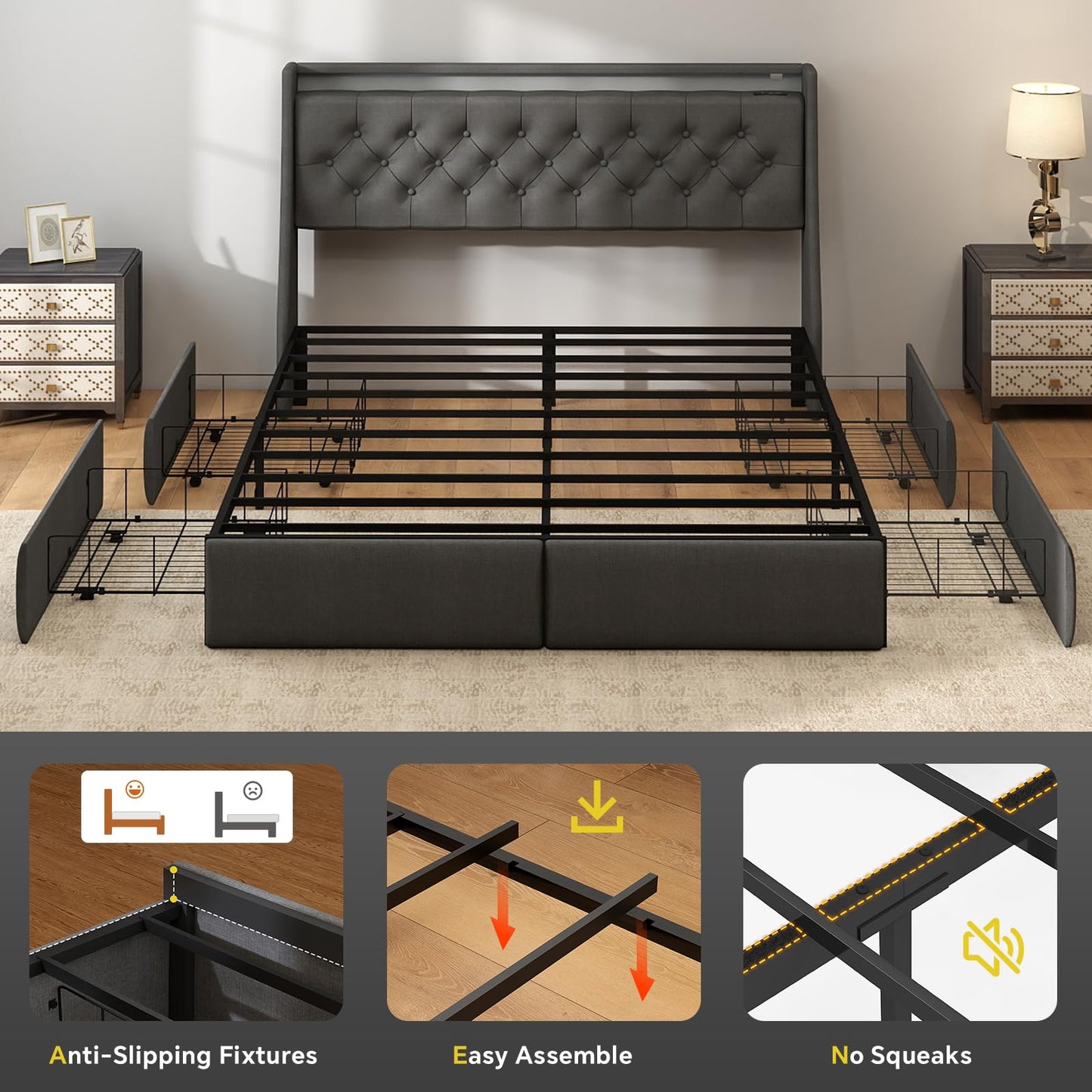 SADENICEL Full Size Bed Frame with Storage Headboard and 4 Drawer, Metal Full Bed Frame Platform with LED Light, Charging Station, No Box Spring Needed, Noise Free, Easy Assembly, Grey