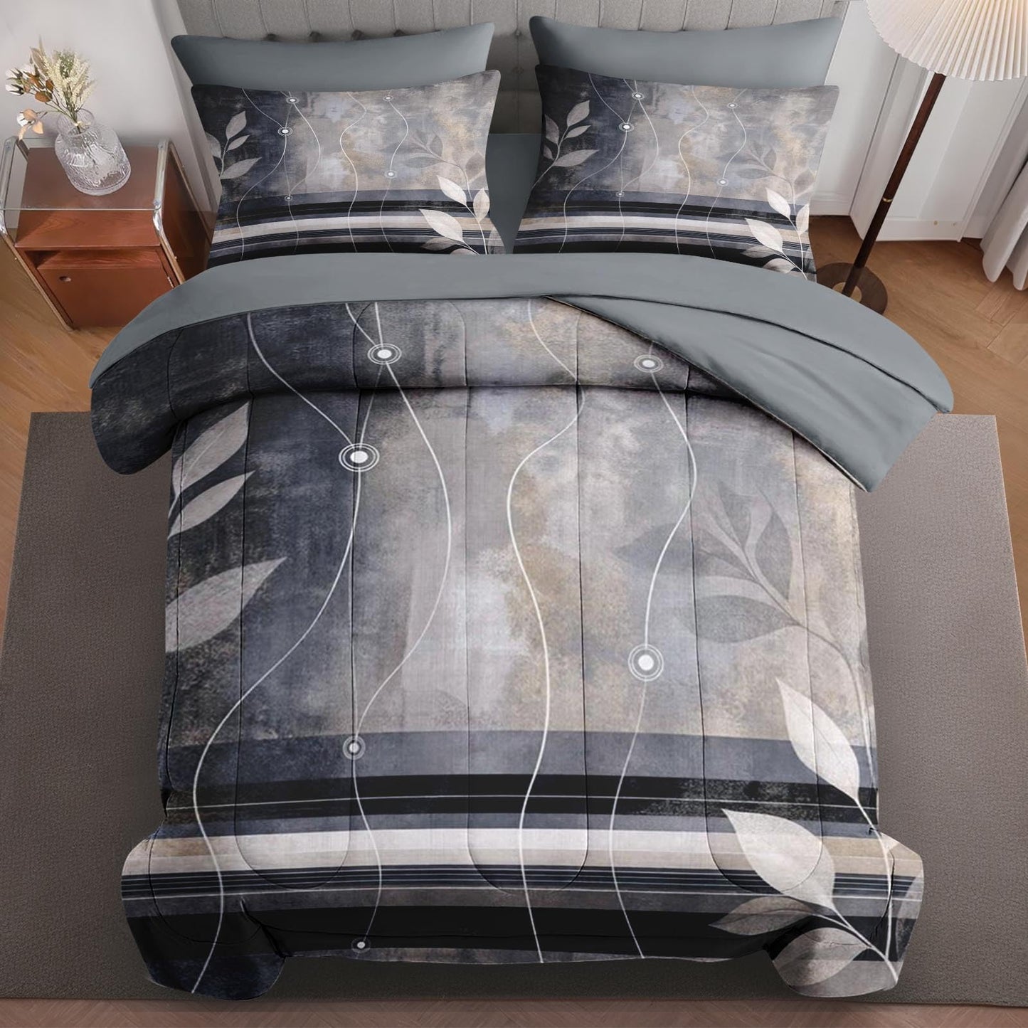 Boewywh Comforter Set Twin Size Abstract Leaf Modern 7 Pcs, Bedding for Kids and Adults, Bed Sheet Sets with Fitted Sheet 2 Pillowcases & 2 Shams for Bedroom Bed Decor