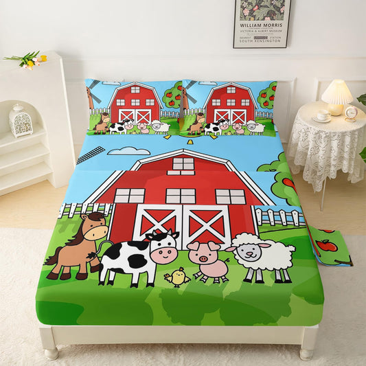 QOOMO Farm Animal Sheet Set,Farmhouse Kids Bed Sheets,Cartoon Animals 16" Deep Pocket Bed Sheet Set for Boys/Girls/Kids/Teens，1 Fitted Sheet,1 Flat Sheet and 2 Pillowcases，Twin Size