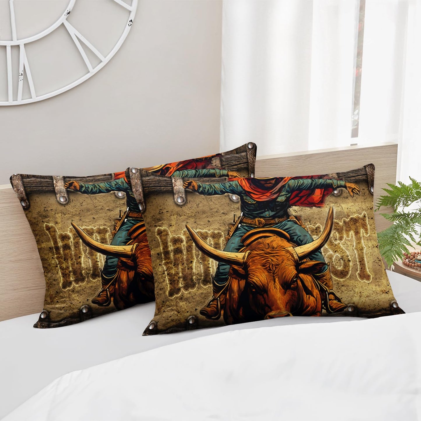 HOSIMA Cowboy Twin Fitted Sheet,Cowboy Riding Cattle Print Western Bedding for Adults Teens Boys Room Decor,Fence Stars Background Pattern Lightweight Bedding,1 Fitted Sheet+2 Pillowcases.