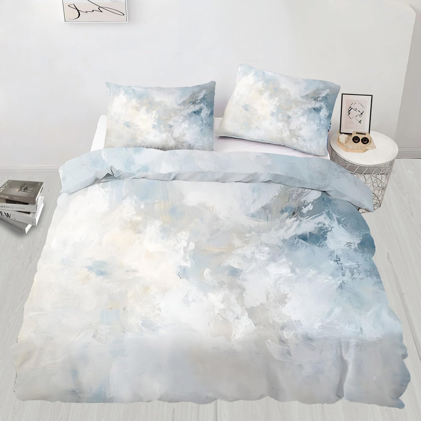 PAISUOQ Abstract Duvet Cover Full Size, Grunge Style Bedding, 3 Piece, Soft Microfiber Patterned Comforter Cover with Zipper Ties & 2 Pillowcase, Blue & Gray Bedroom Decor & Gifts