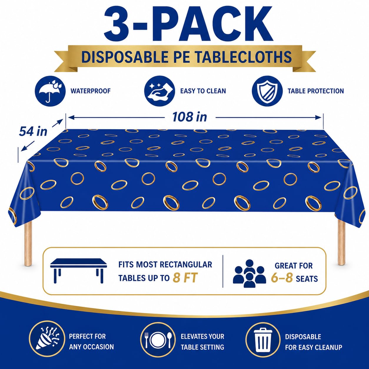 ANLLECR 3Pcs 108 x 54 Inches Blue with Gold Ring Print Tablecloth，Blue Disposable Rectangle Plastic Table Cover for Boys Girls Birthday Party Decoration