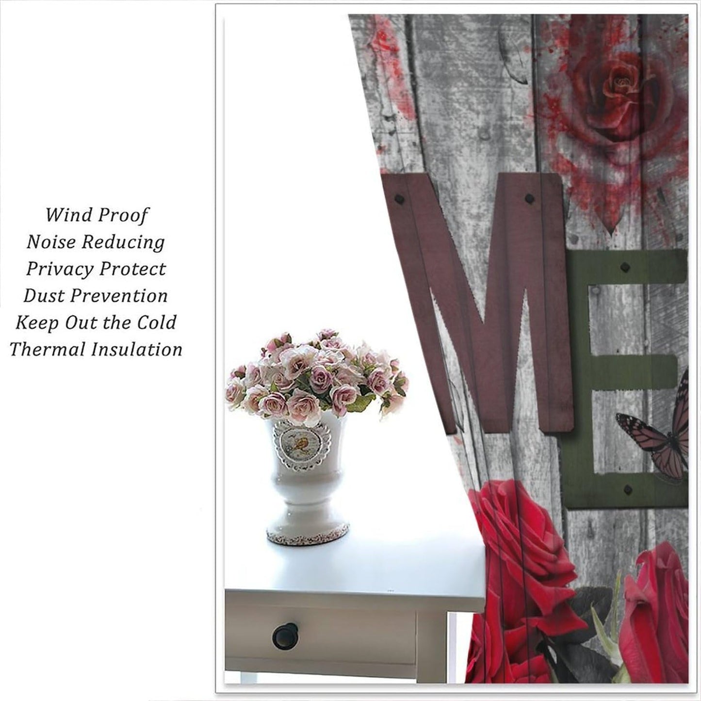 GoDazzling Red Rose Curtains, Wooden Rustic Romantic Flower Valentine's Day Rod Pocket Window Drapes, for Bedroom Living Room 41" W X 45" L (No Blackout)