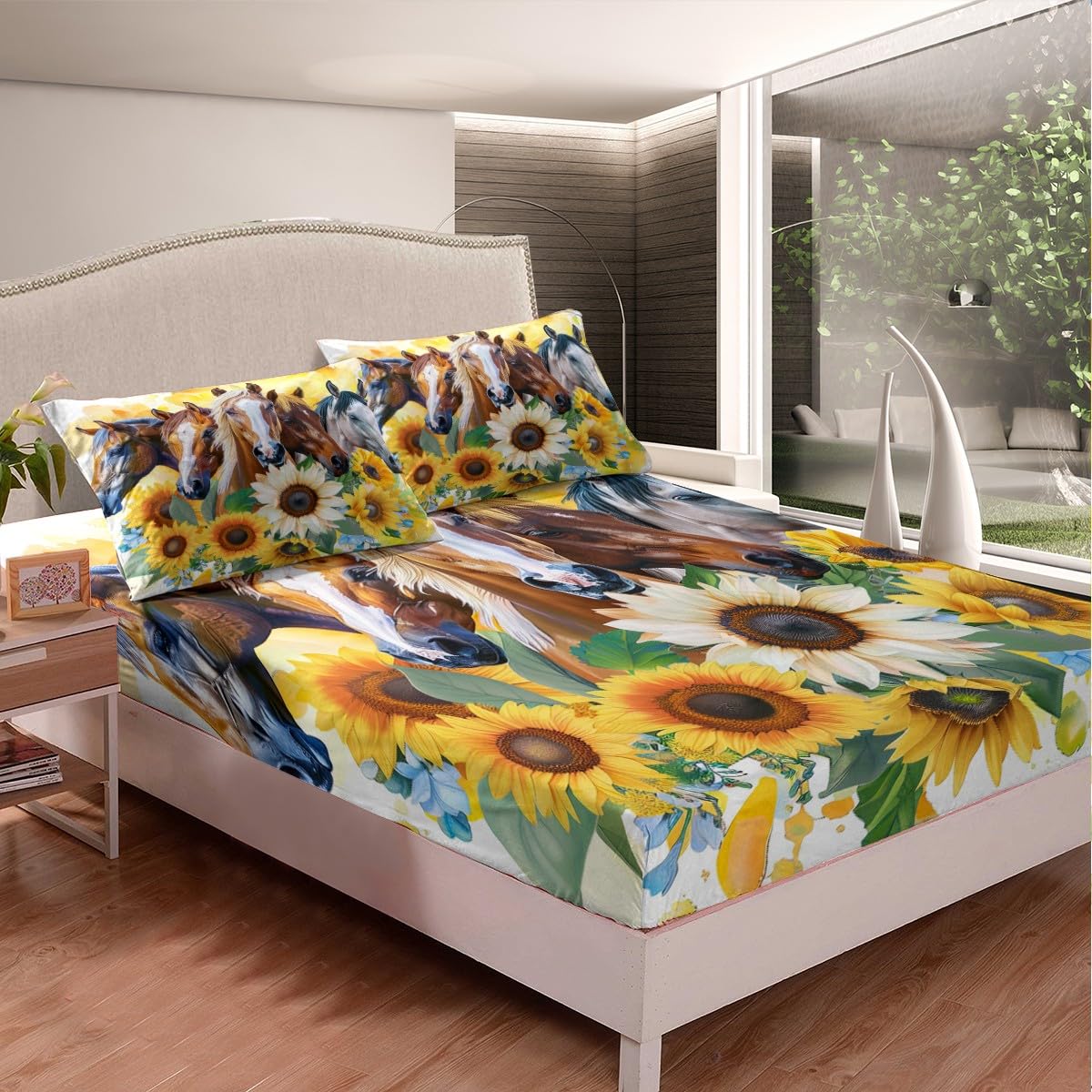Kids Horse Bedding Set, Blooming Sunflower Fitted Sheet Full Size, Western Cowboy Bed Sheet for Boys Teens Adult, Floral Branches Rustic Bed Cover Bedroom Decor, Yellow Brown White(No Top Sheet)