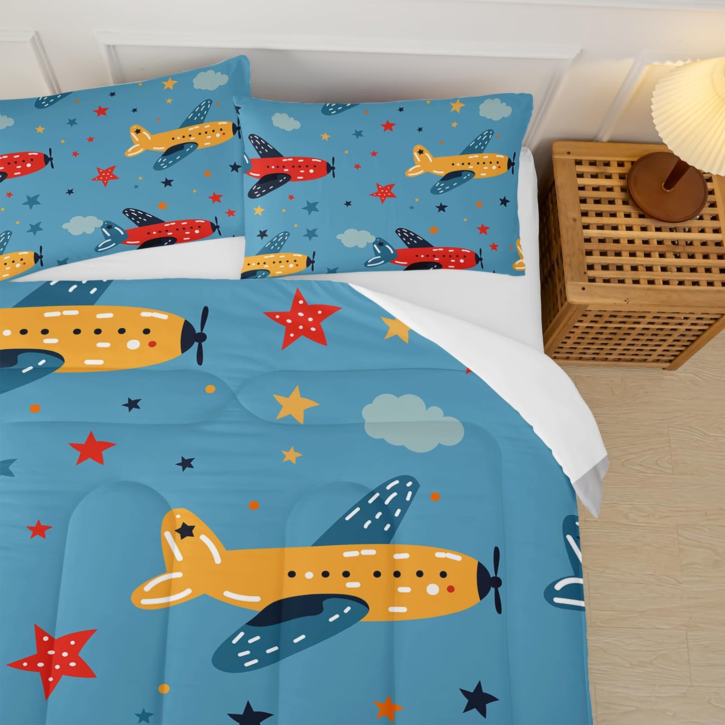 lneffble Kids Aeroplane Comforte Set Twin，Blue Airplane Bedding for Boys，Cute Star Quilt Pattern，Cute Bedroom Decor for Kids，1 Comforter 2 Pillow Cases
