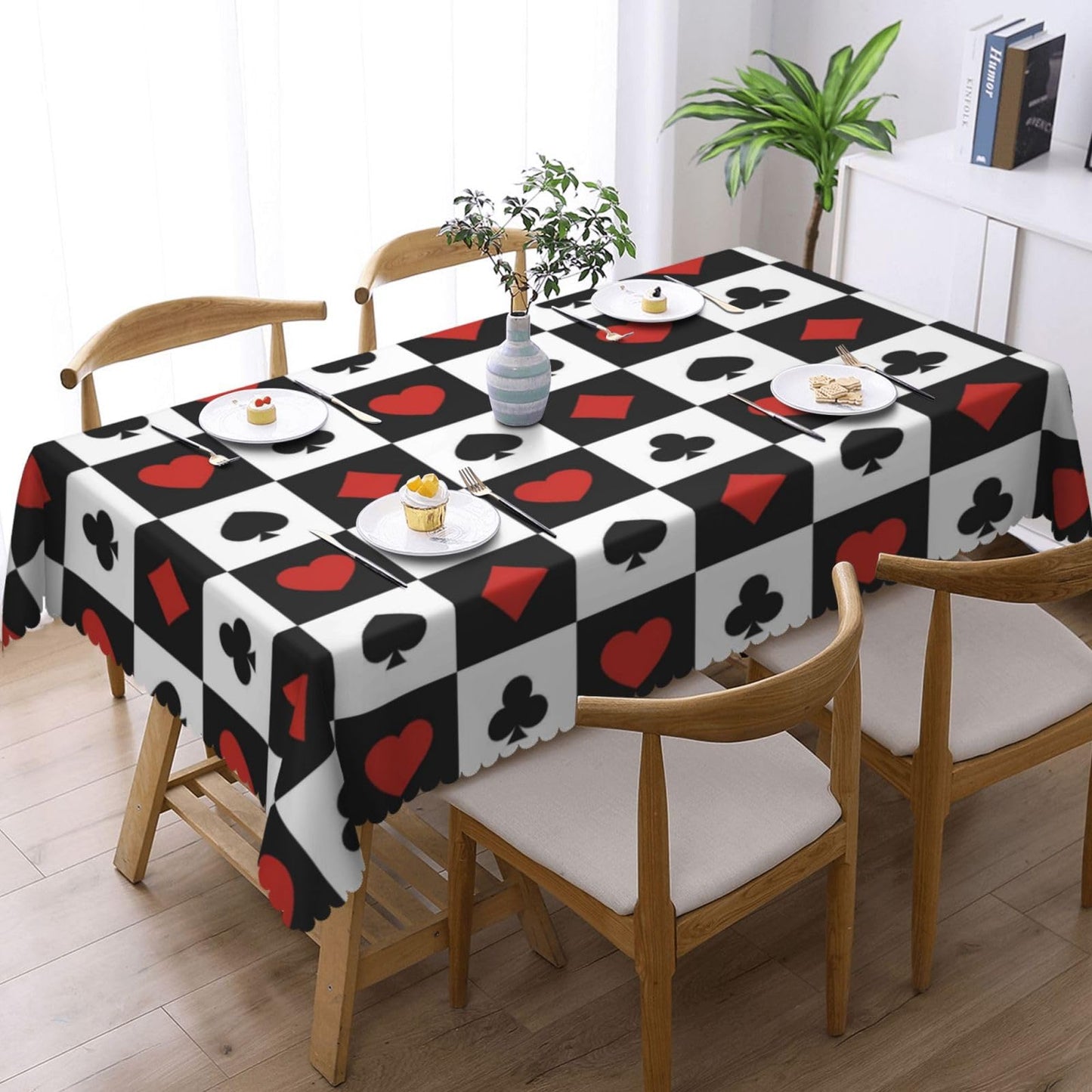 GOUROISE Playing Cards Rectangular Tablecloth, Card Pattern 54x72 Inch Wavy Lace Border Polyester Table Cloth for Dining, Kitchen, Parties