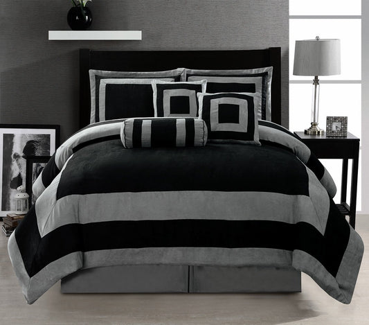 Grand Linen Oversize Black/Grey Comforter Set Micro Suede Patchwork Bed in A Bag King Size Bedding