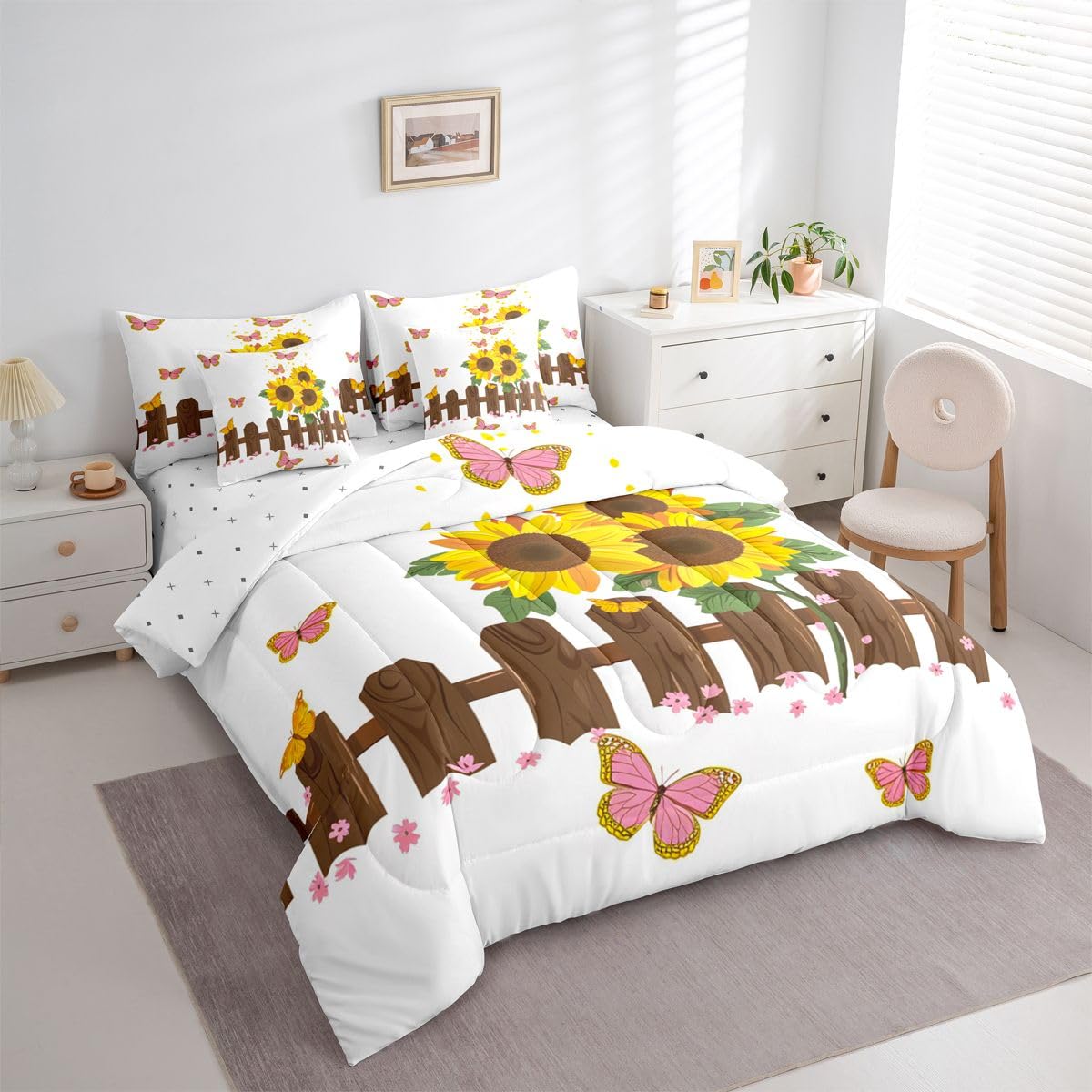 Erosebridal Butterfly 7 Piece Bedding Set Twin Sunflower Comforter Set with Sheets Wooden Fence Cute Hand Drawn Florals for Kids Boys Girls Petals Pink Butterflies Farmhouse Bed in a Bag