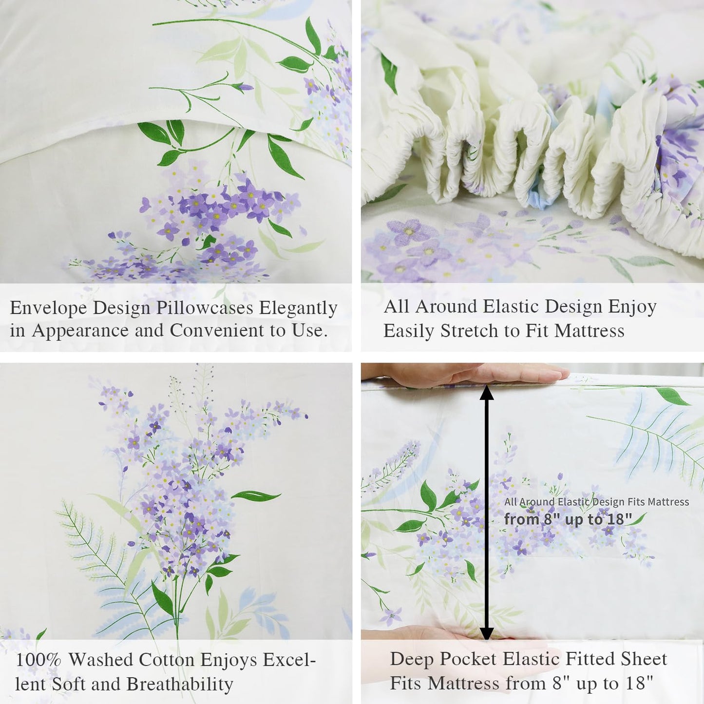 Helthep Floral Queen Sheet Set, Ultra-Soft and Breathable Cotton Sheet Set with Deep Pocket Fitted Sheet, Flat Sheet and Pillowcases, 4-Piece Queen Size
