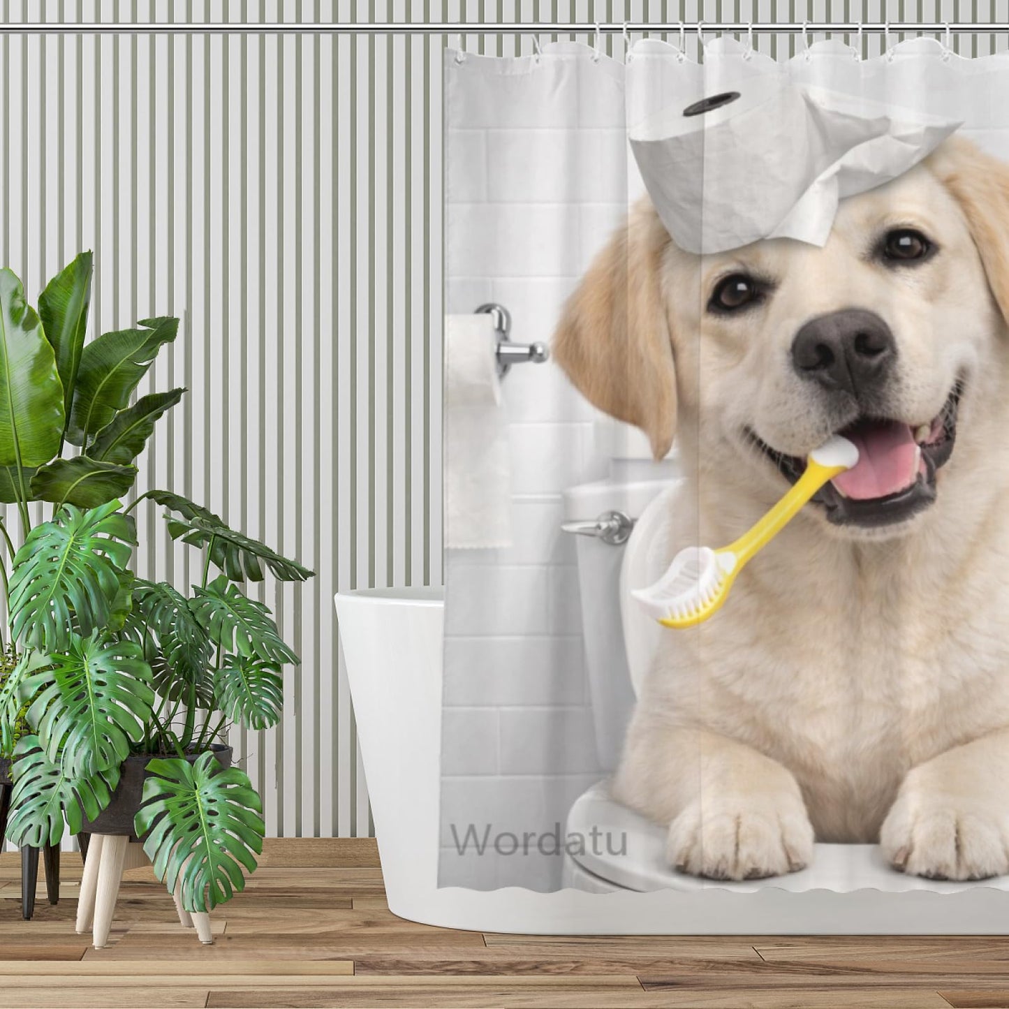 Wordatu Funny Labrador Retriever Dog Shower Curtain, Love Brushing Teeth Bathroom Decor, Waterproof Polyester Fabric 72x72 Inch with 12 Hooks(24860)