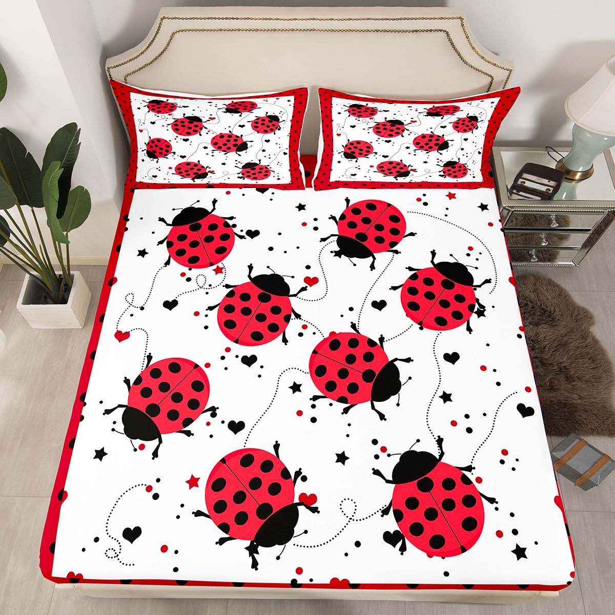 Red Ladybug Fitted Sheet Full Size Cartoon Ladybugs Sheet Set for Kids Child,Cute Ladybird Reptile Bed Sheets Beetles Bugs Pattern Flat Sheet Chic Nature Art Lady Beetle Wild Animal Room Decor