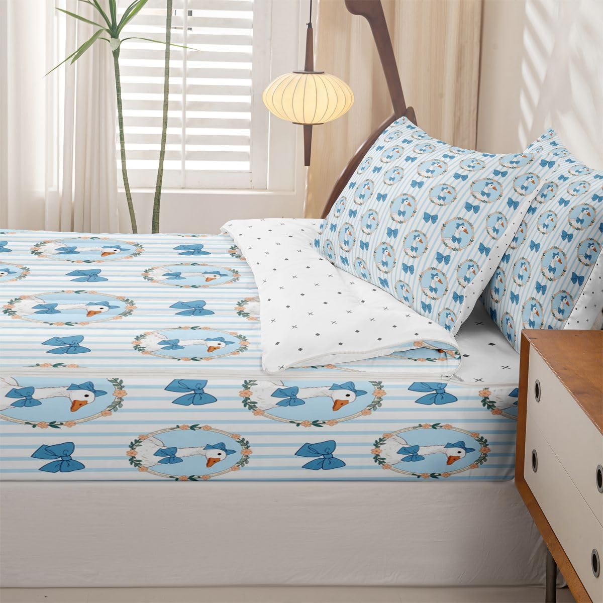 Erosebridal Duck Zippered Bedding Set Full Bowknot Comforter Set Pastoral Style Bow Stripes Wreath Bed in a Bag Cute Cartoon Ducks Blue Bow Zipper Quilt Fitted Sheet,2 Pillowcases