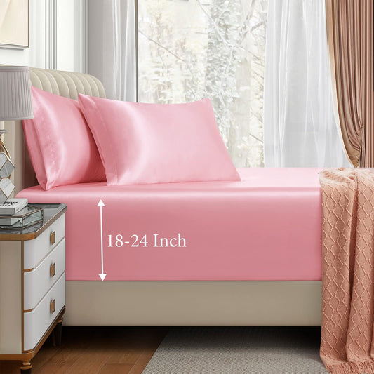 VACVELT 3pcs Extra Deep Pocket Satin Fitted Sheet Set King Bed Set, Pink Bottom Sheet Fit 18-24 Inch Deep Pocket Mattress, Silky Bedding Set Soft & Ultra Deep Fitted Sheet & 2 Pillowcase