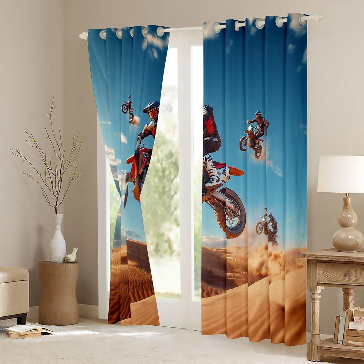 Feelyou Dirt Bike Curtains for Bedroom Living Room (2 Panels, 42 x 84 Inch) Racing Themed Room Blackout Curtain Racing Motocross Rider Blackout Curtains Extreme Sports Window Treatments