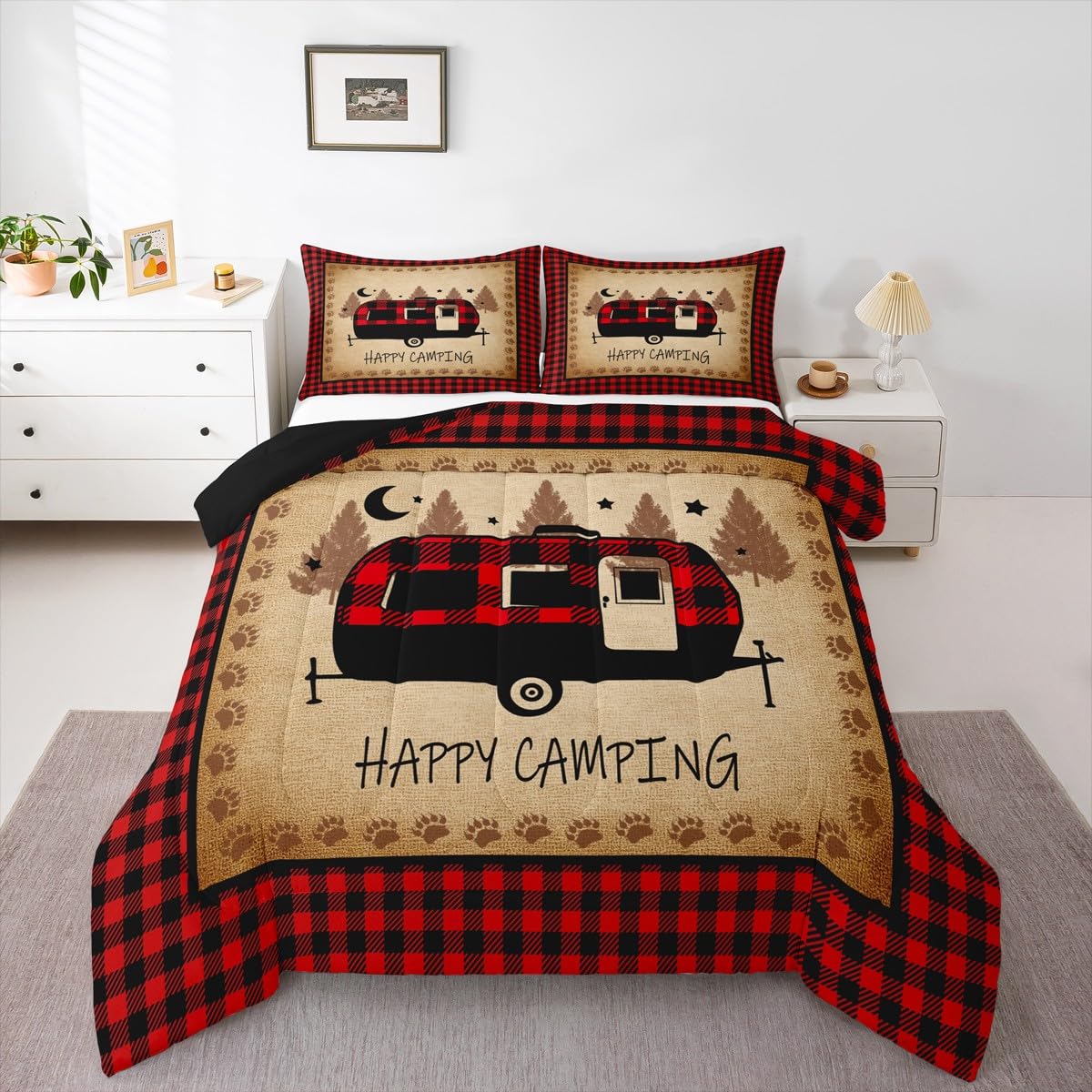 Erosebridal Camping Accessories Comforter Set Retro Farmhouse Bedding King, Black and Red Bedding Comforter Sets Lattice Checked Duvet Set, Kawaii Camper Quilted Comforter Super Cozy 3pcs