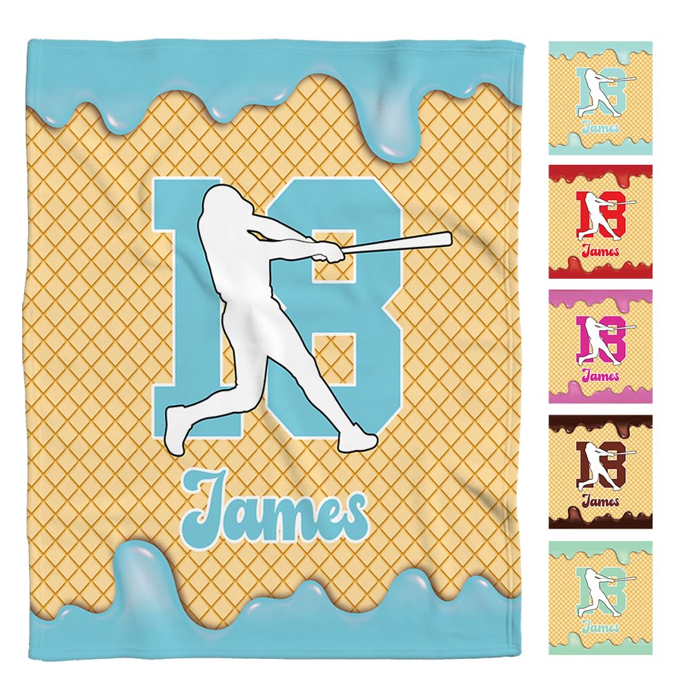 Personalized Baseball Ice Cream Drip Blanket – Custom Name & Number Baseball Throw Blanket, Soft Cozy Sports Blanket, Gift for Kids, Teens & Adults, Bedroom or Couch Décor (Ice Cream Drip Baseball #1)