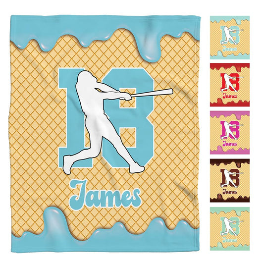 Personalized Baseball Ice Cream Drip Blanket – Custom Name & Number Baseball Throw Blanket, Soft Cozy Sports Blanket, Gift for Kids, Teens & Adults, Bedroom or Couch Décor (Ice Cream Drip Baseball #1)