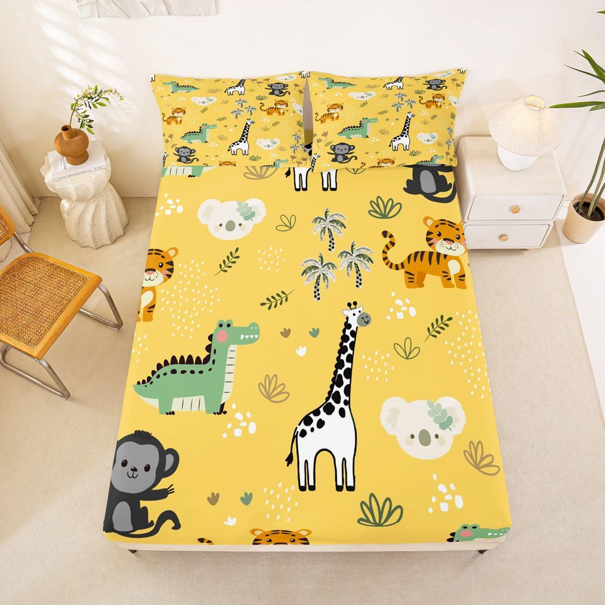 Erosebridal Jungle Animals Bed Sheets Full Cartoon Kawaii Sheet Set for Kids Boys Girls Safari Animals Sheets Monkey Giraffe Crocodile Tiger Flat Fitted Sheet 3 Pcs