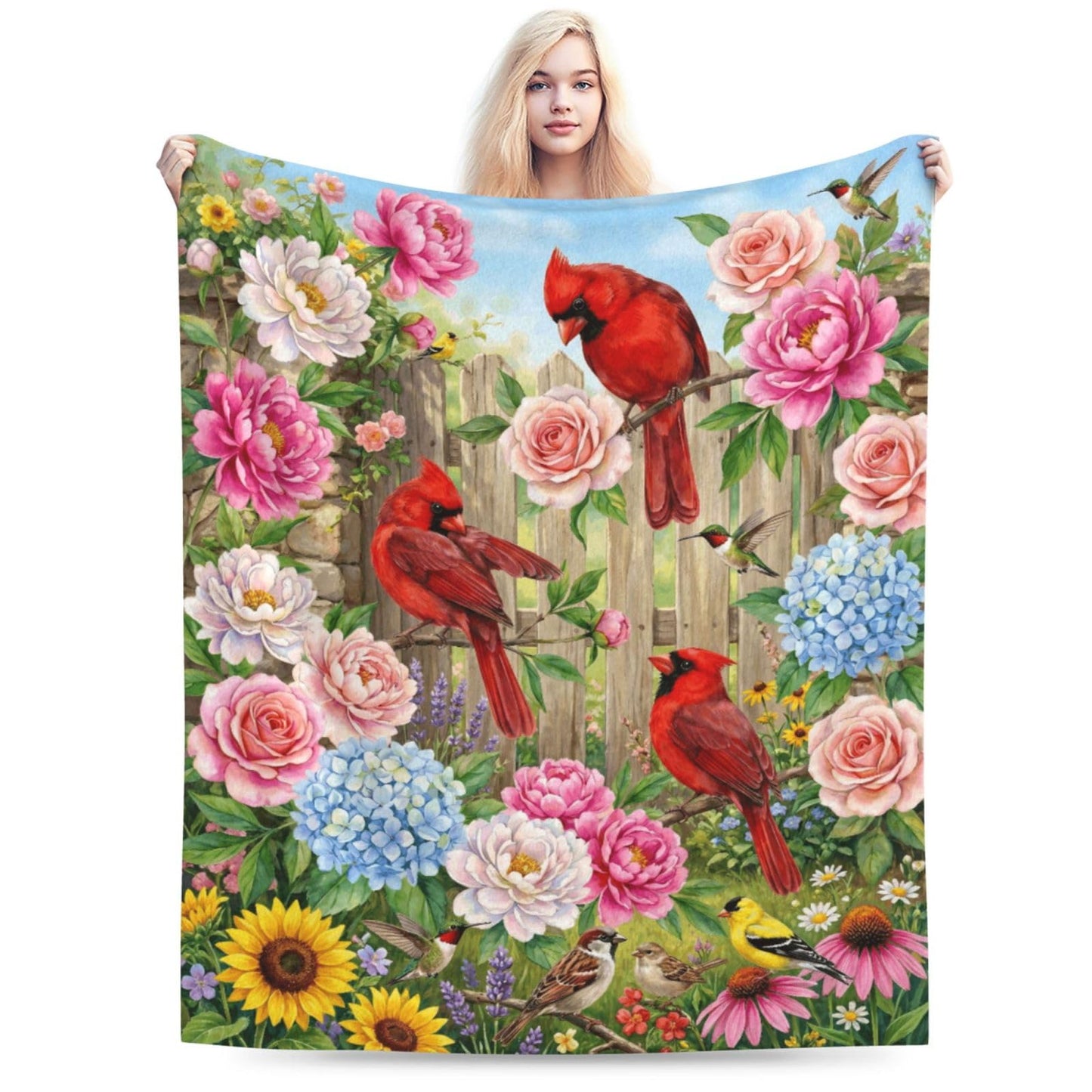 Gbuzozie Rustic Cardinal and Sunflowers Fleece Blanket Lightweight Ultra-Soft Spring Summer Flowers Birds Throw Blanket for Sofa Couch Bed Camping Travel - Super Soft Cozy Microfiber Blanket 50"X40"
