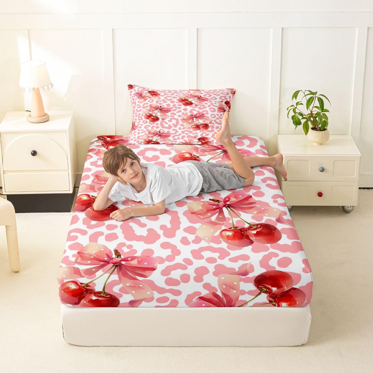 jejeloiu Pink White Cherry Bow Fitted Sheet Twin Size for Kids Boys Girls Dreamy Princess Bowknot Bed Sheets Set 16" Deep Pocket Leopard Print Bowknot Bedding with 1 Pillowcase Room Decor