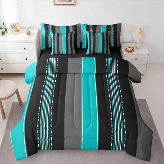 Erosebridal Teal Black Grey Queen Bedding Set 7 Piece for Kids and Adults,Abstract Striped Comforter Set Geometric Stripe Bed in A Bag with Sheets Black Gray Vintage Minimalist Striped Bed Set