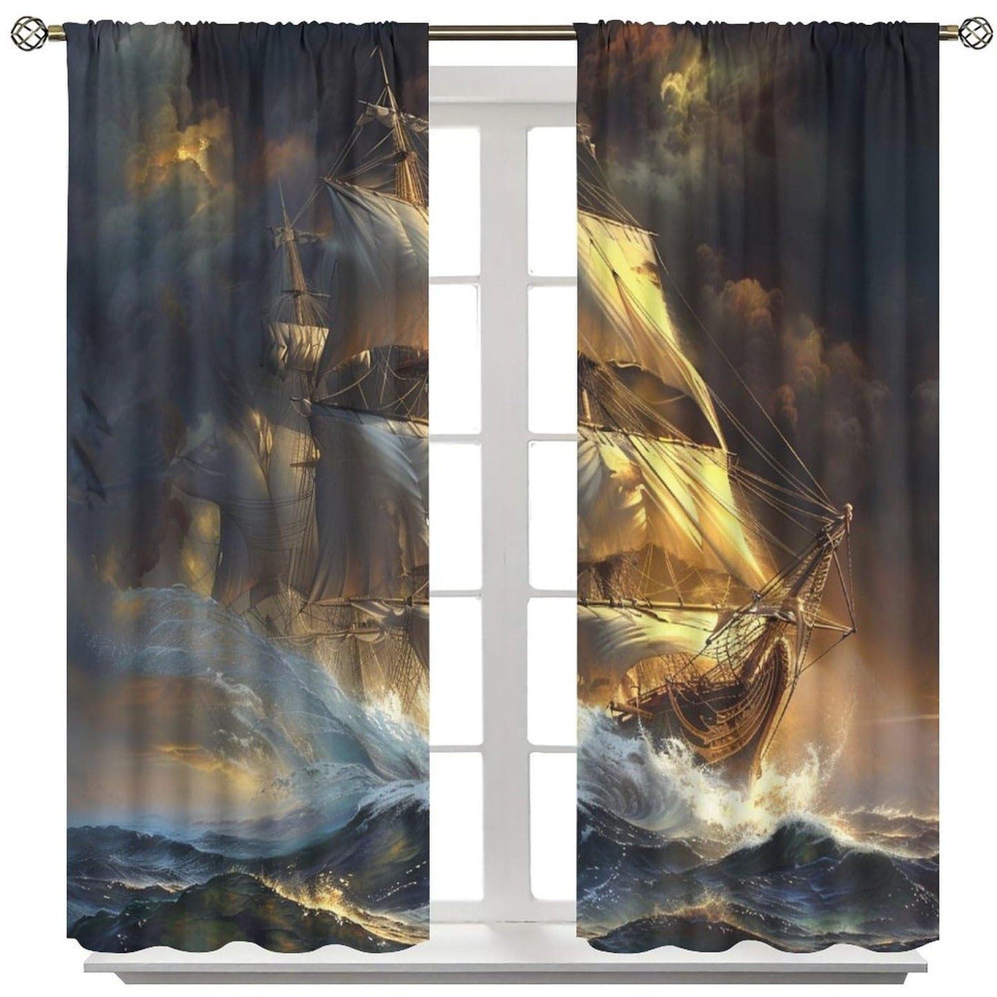 TOWINSFB Retro Ship Ocean Wave Blackout Curtains for Bedroom Living Room, Classic Nautical Sailboat Thermal Insulated Room Darkening Curtain - 42" W x 45" L