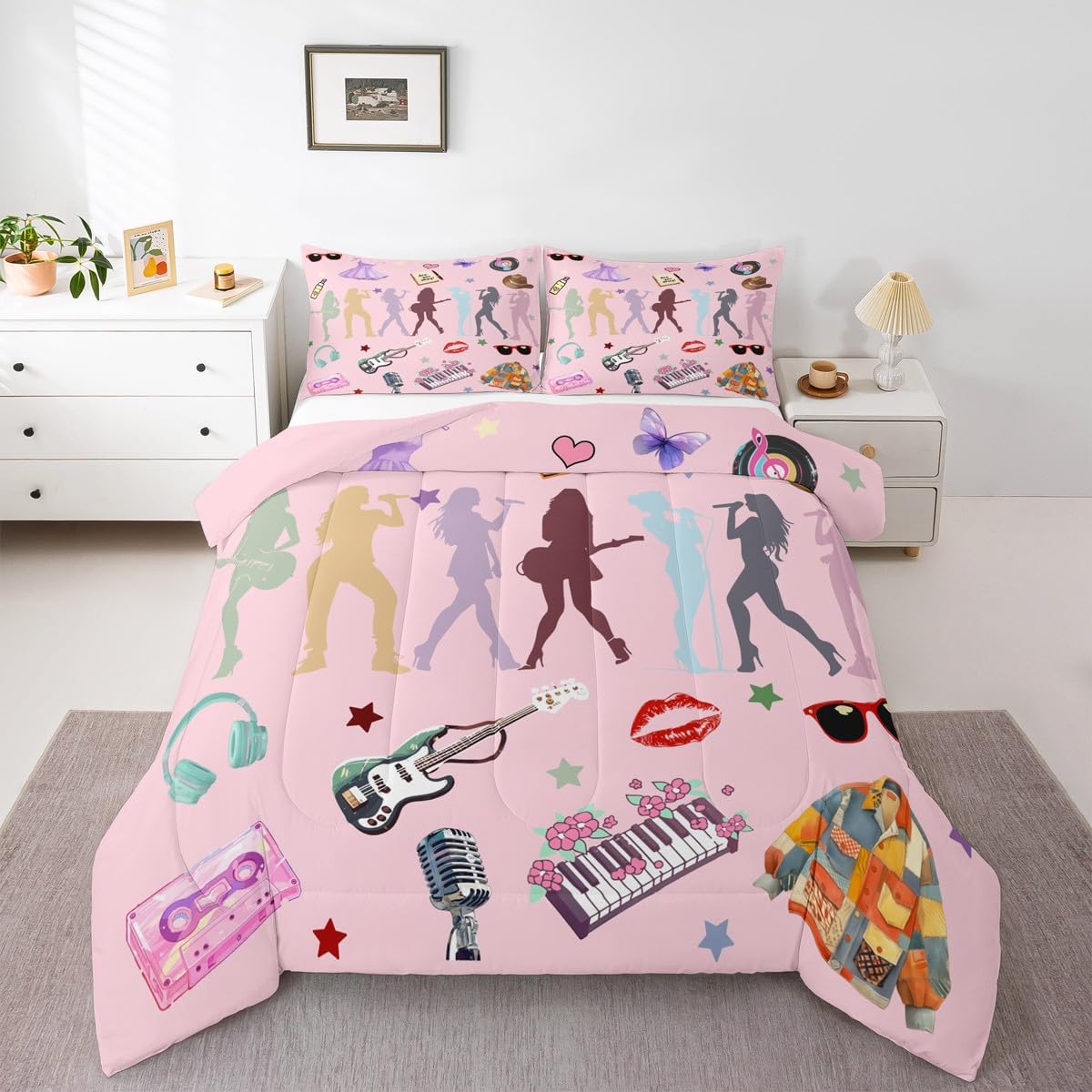 Erosebridal Pink Music Themed Bedding Set Full Girly Guitar Keyboard Comforter Set for Kids Boys Girls Disco Ball Snake Floral Bedding Comforter Sets Stylish and Modern Gifts Quilt Duvet