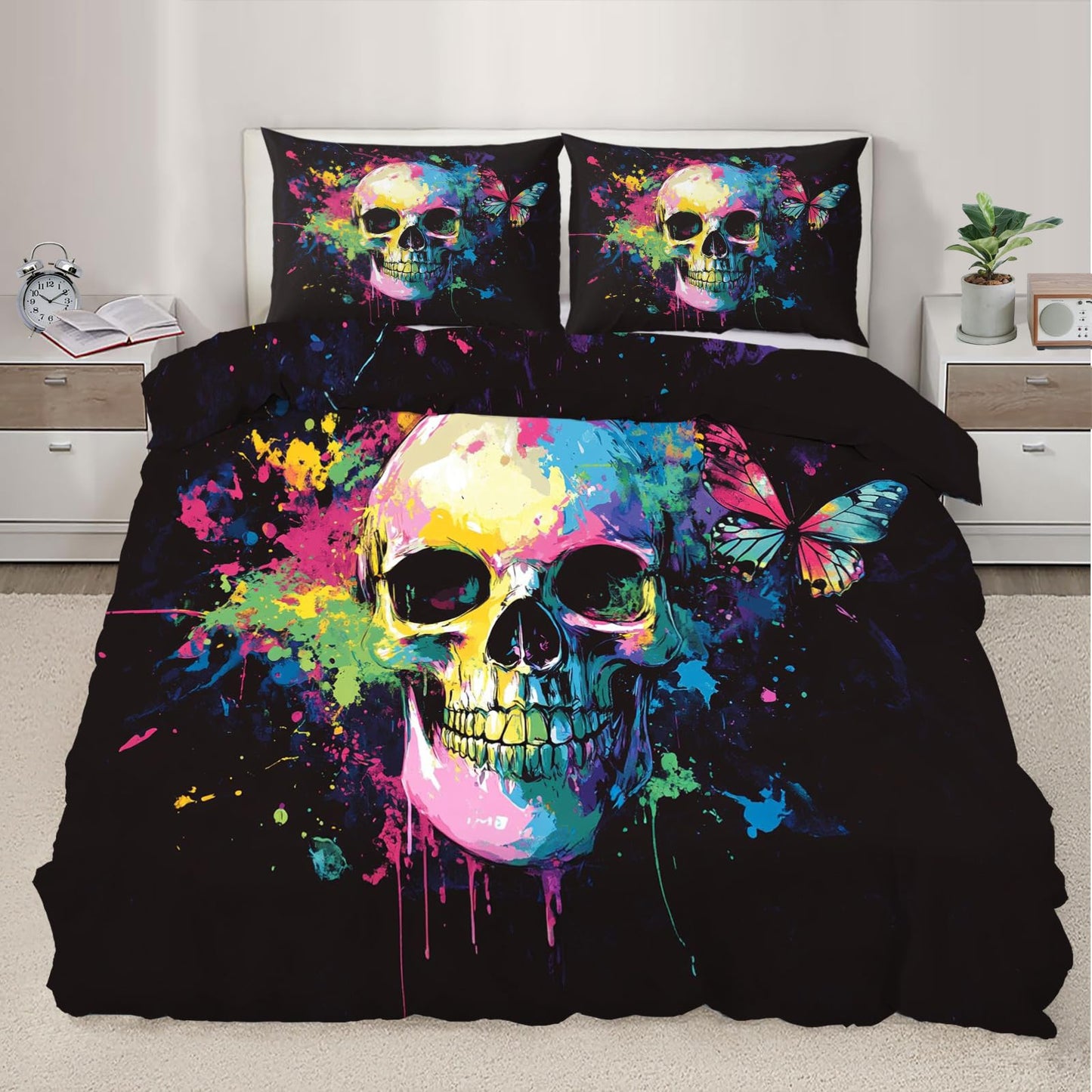 PAISUOQ Gothic Bedding Sets Full Skull Graffiti Comforter Cover with Zipper Ties, Butterfly Hippie Duvet Cover with 2 Pillowcases, 3 Pieces，Bedroom Decor & Gifts