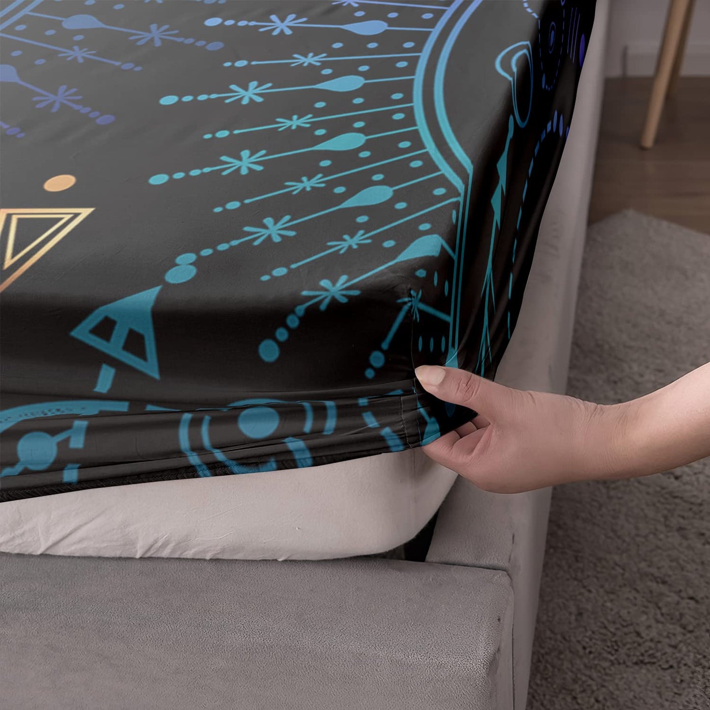 HOSIMA Blue Butterfly Fitted Sheet Boho Bedding Room Decor Aesthetics,Black and Gold Bedding Sets Queen Size,Blue Purple Mystical Totem Print Kids Fitted Sheet Sets for Girls Boys Teens.