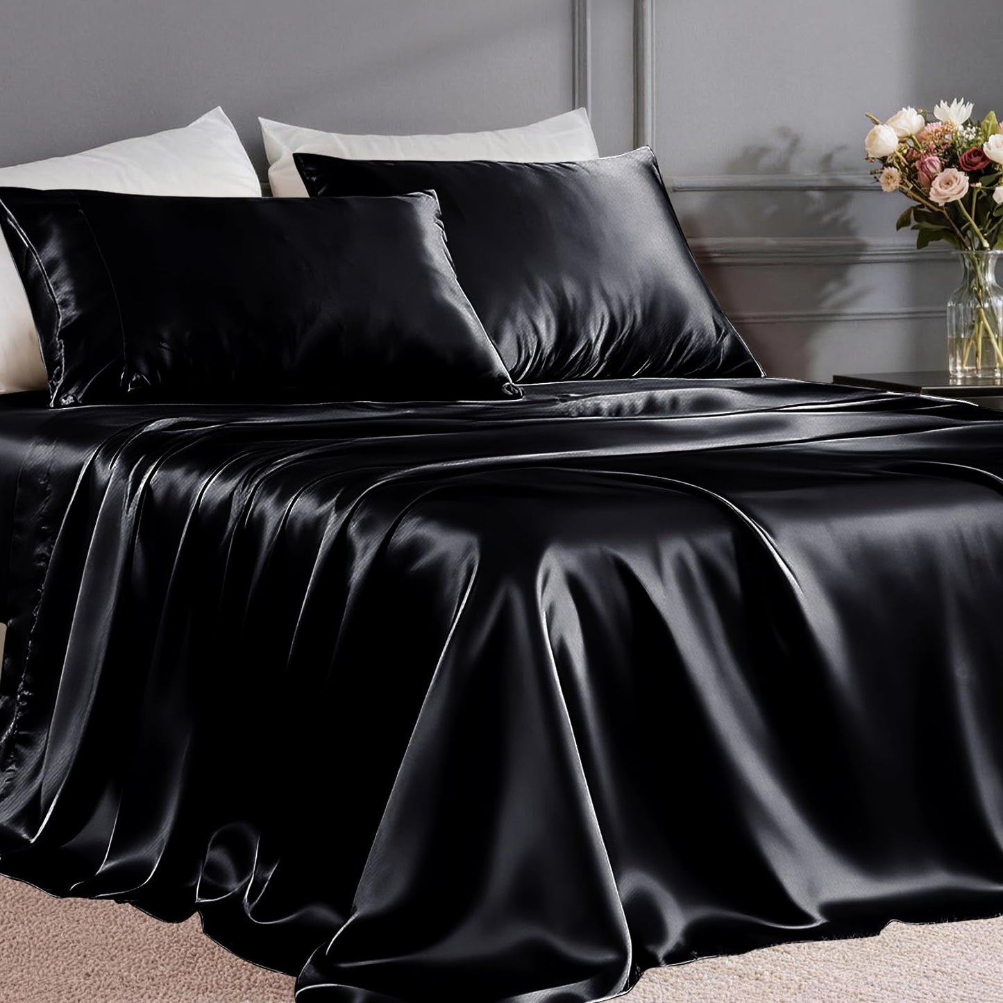 FreshCulture Satin Sheets King Size - 4 Piece Luxury Soft Silky Sheets for Hair and Skin, Similar to Silk Bed Sheet Set with 1 Deep Pocket Fitted Sheet, 1 Flat Sheet & 2 Pillowcases (Black)
