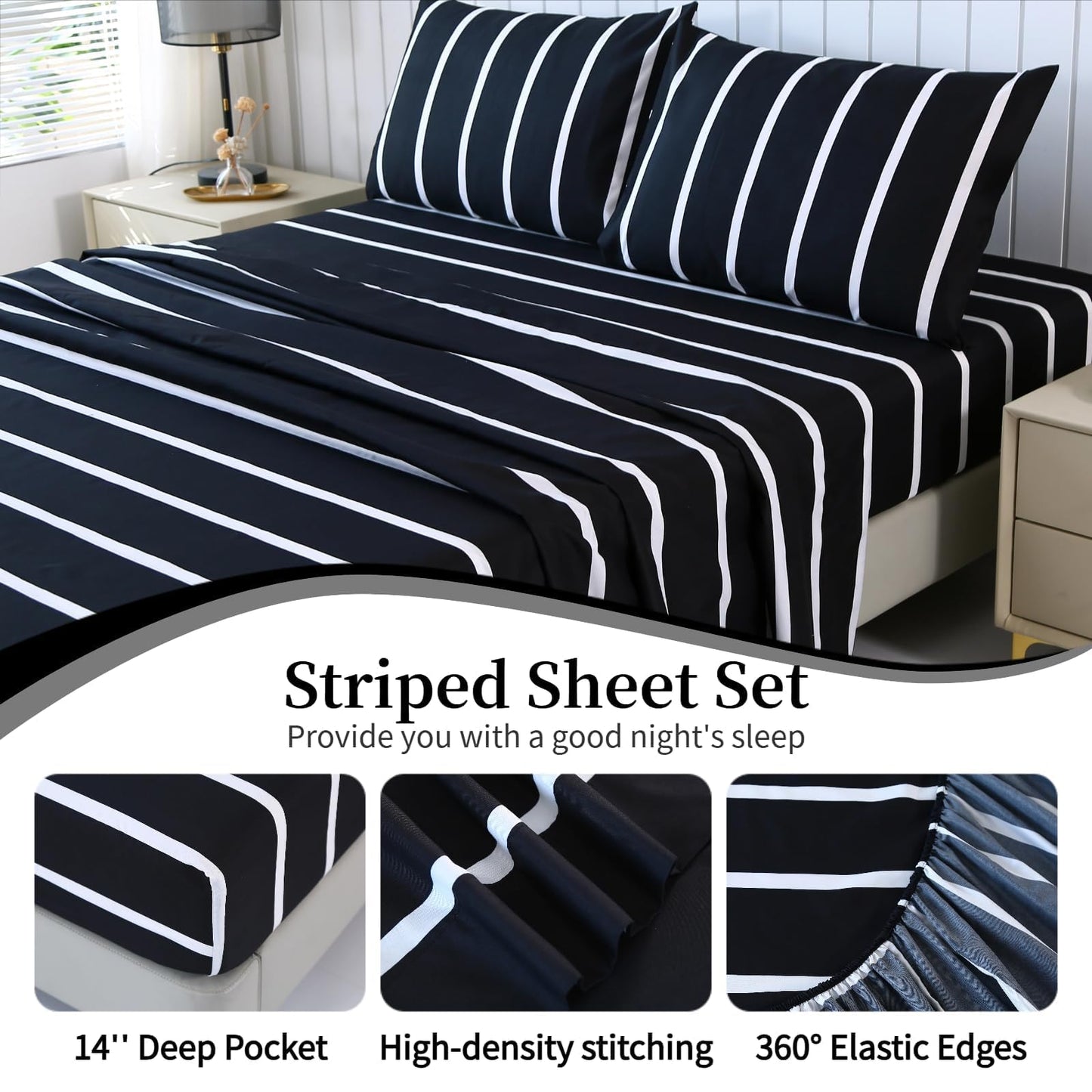 MAG 4Pcs Striped Queen Sheets Set,Black and White Microfiber Sheet Set Queen Size,Included 1 Fitted Sheet 14'' Deep Pocket+1 Flat Sheet+2 Pillowcases Soft and Breathable,Wrinkle and Fade Resistant.