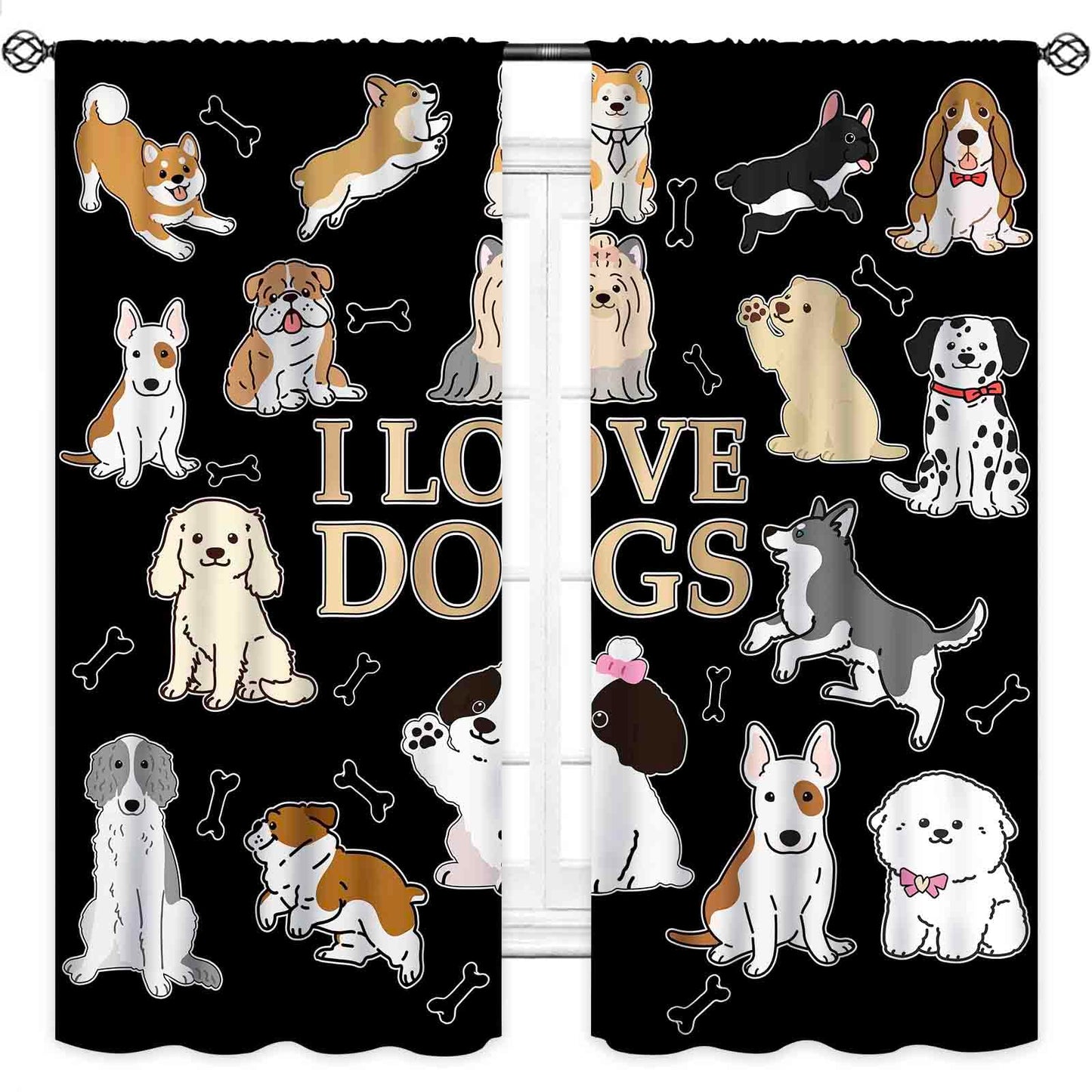 Dog Curtains,Cute Funny Watercolor Animals Dog Paw Print Cartoon Black Window Treatments for Kids Nursery Baby Bedroom Living Room 2 Panels,42X45 Inch