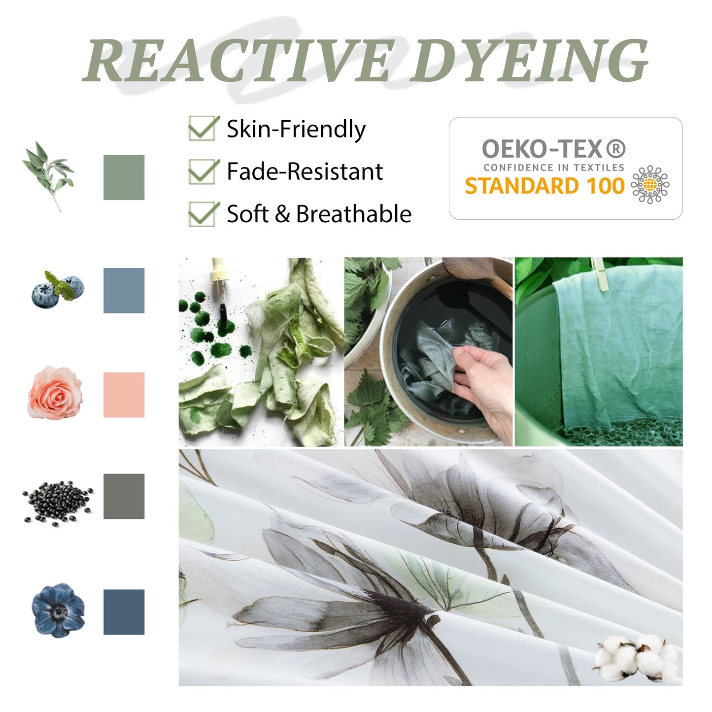 MILDLY 100% Long-Staple Cotton Duvet Cover Set White Green Floral Leaves Pattern Printed Comforter Cover 3pcs, Ultra Soft & Breathable Bedding Set