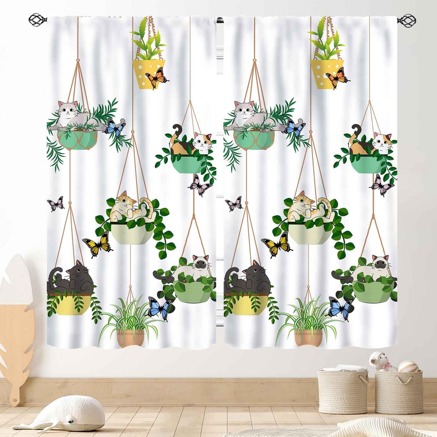 TKUYO Cat Curtains, Rustic Farmhouse Hanging Potted Plants Blacketplants Kitty Cute Lovely Cats Botanical Printed Sage Green Drapery for Bedroom Living Room Kitchen 2 Panels Set, 42"x45" Inch