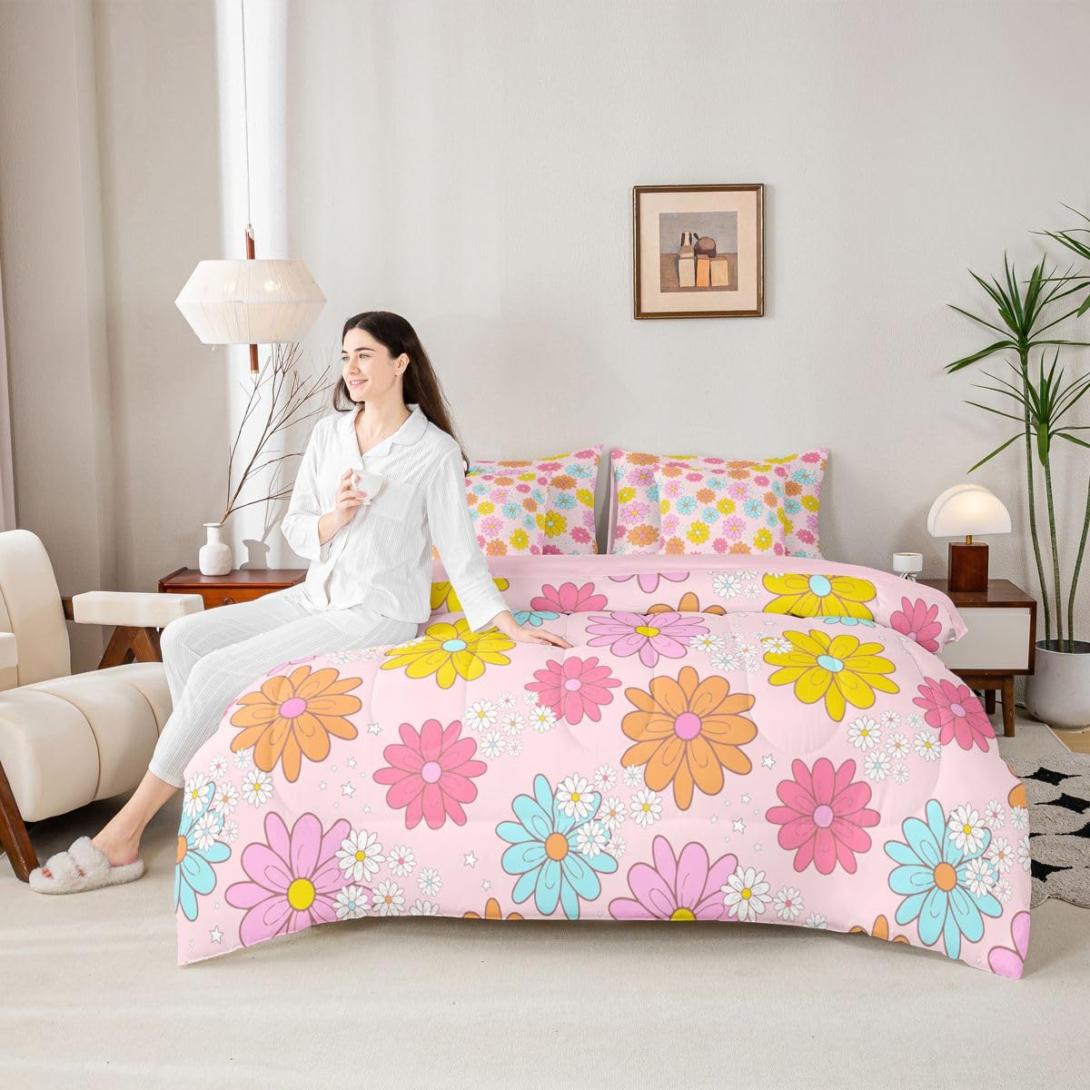 Erosebridal Cute Flower 7 Pcs Bedding Set Twin Size for Teen Girls Cartoon Floral Comforter Set with Sheets for Kids Young Women Kawaii Daisy Bed in A Bag Blue Pink Bed Sets All Season