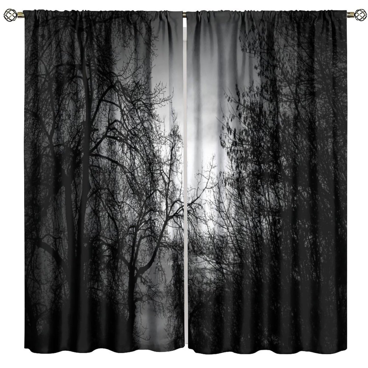 Gothic Forest Curtains Dark Black Forest Foggy Mysterious Pine Black Tree Forest Nature Scenery Blackout Window Treatments for Living Room Bedroom Window Drapes 42" W X 45" L