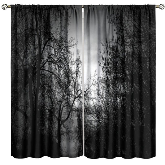 Gothic Forest Curtains Dark Black Forest Foggy Mysterious Pine Black Tree Forest Nature Scenery Blackout Window Treatments for Living Room Bedroom Window Drapes 42" W X 45" L