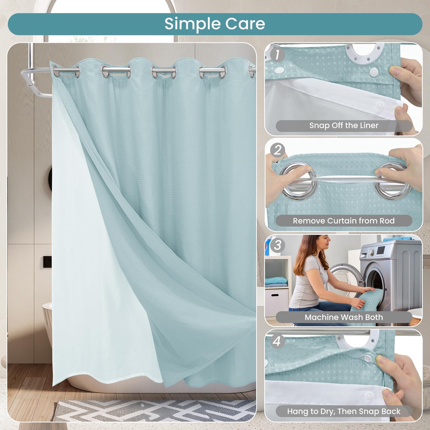 DRIFTED ROOT No Hook Shower Curtain Set with Snap-in Detachable Liner, 230 GSM Waffle Weave Fabric, Heavy Duty Water-Repellent, Pale Blue, 72 x 74 Inch