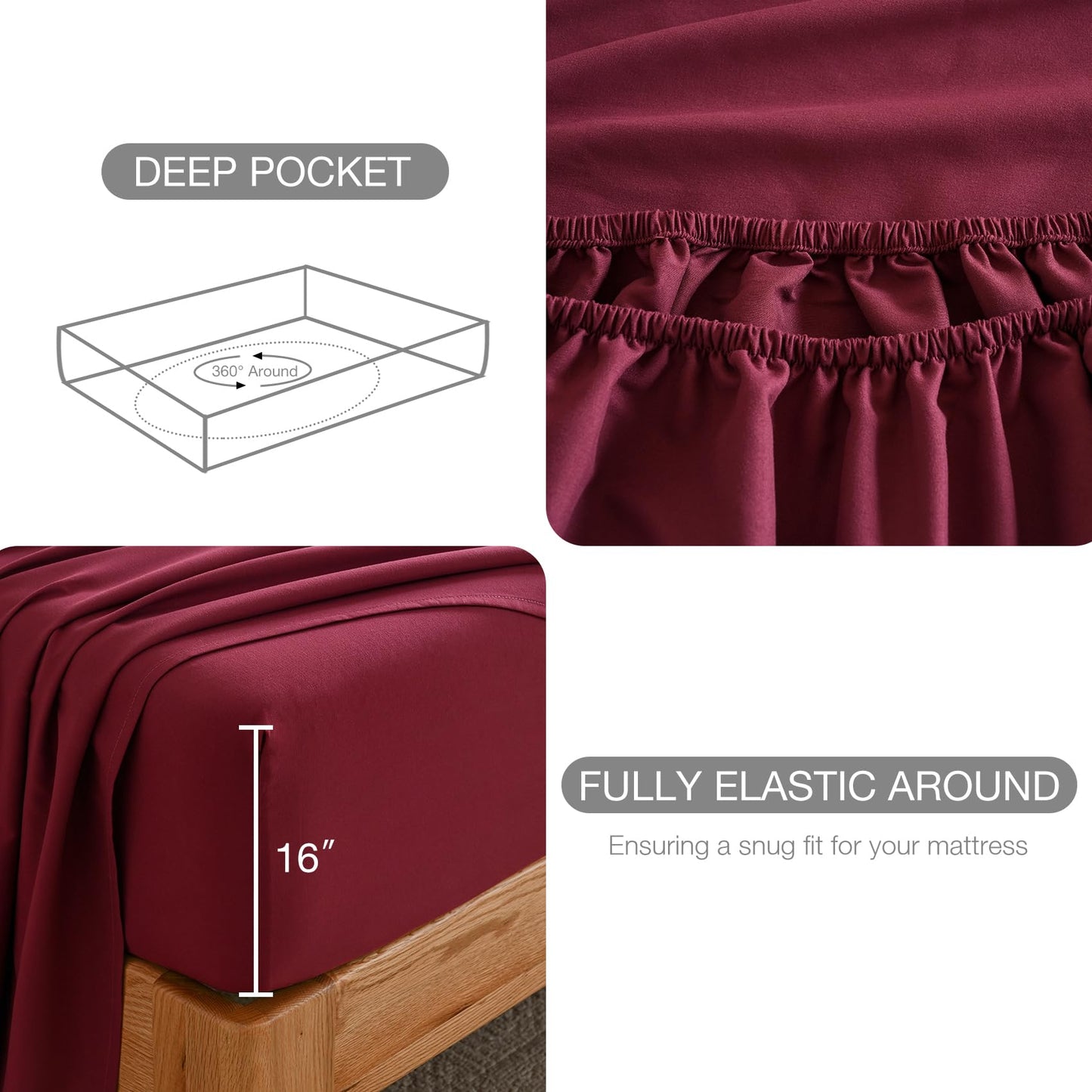 Wine Red Queen Sheet Sets-Luxury Hotel Style-Extra Deep Pocket Fitted Bed Sheet Set-Microfiber Bedding Sheets & Pillowcases-Soft Cooling Bedsheet 4 Piece Burgundy