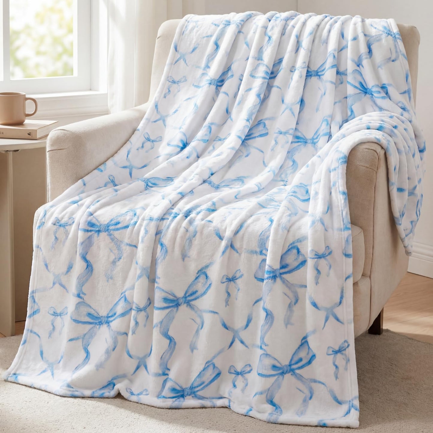 Buryeah Blue Bow Throw Blanket Valentine's Day Galentines Day Gifts Preppy Blanket Coquette 50 X60 Flannel Soft Cute Bow Lightweight Aesthetic Room Decor for Women Friends for Sofa Couch Travel Bed