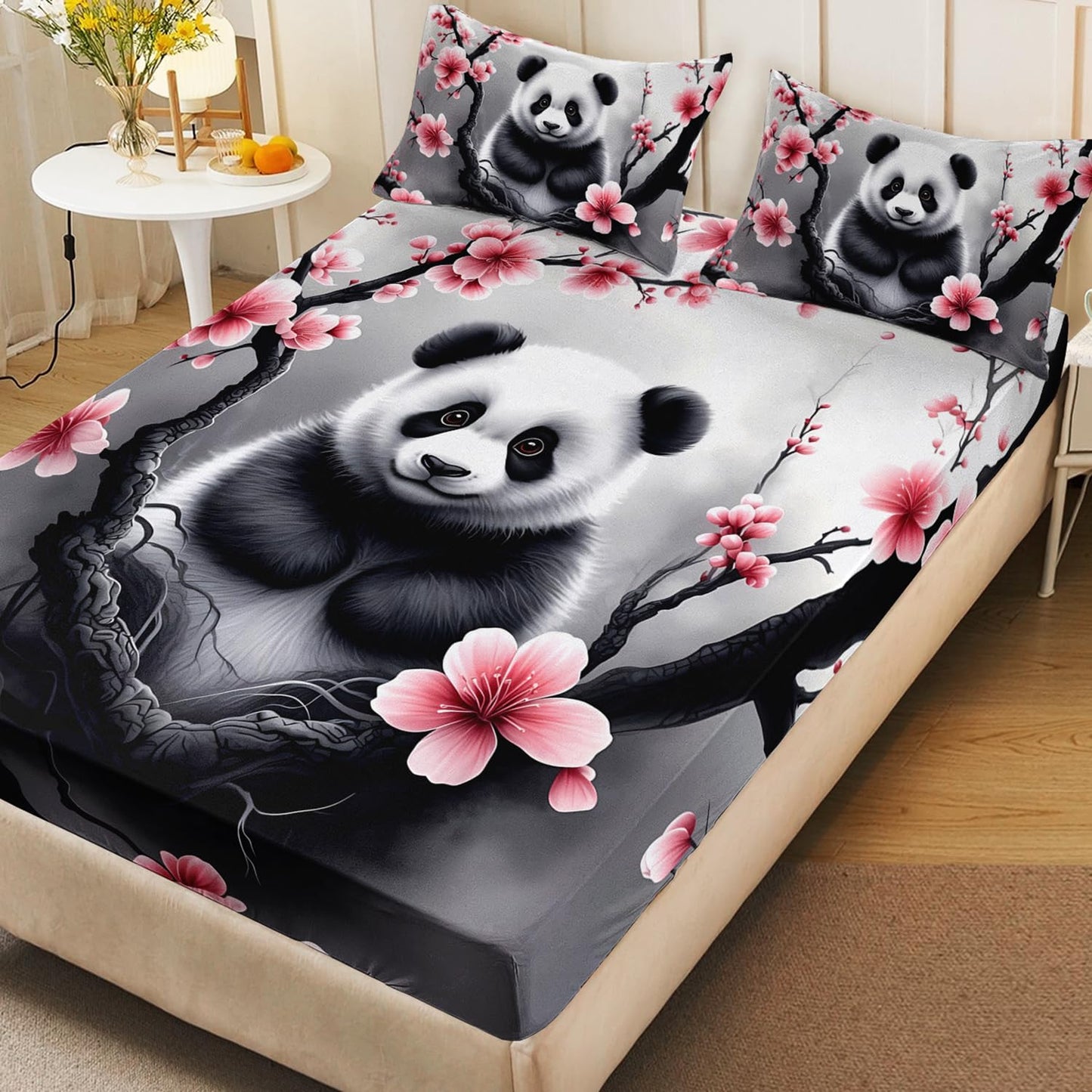 HOSIMA Panda Twin Fitted Sheet,Cute Panda Sitting Surrounded by Flowers on Branches,Gray White Ink Background Pattern Animal Bedding for Kids Boys Girls Room Decor,1 Fitted Sheet+2 Pillowcases.