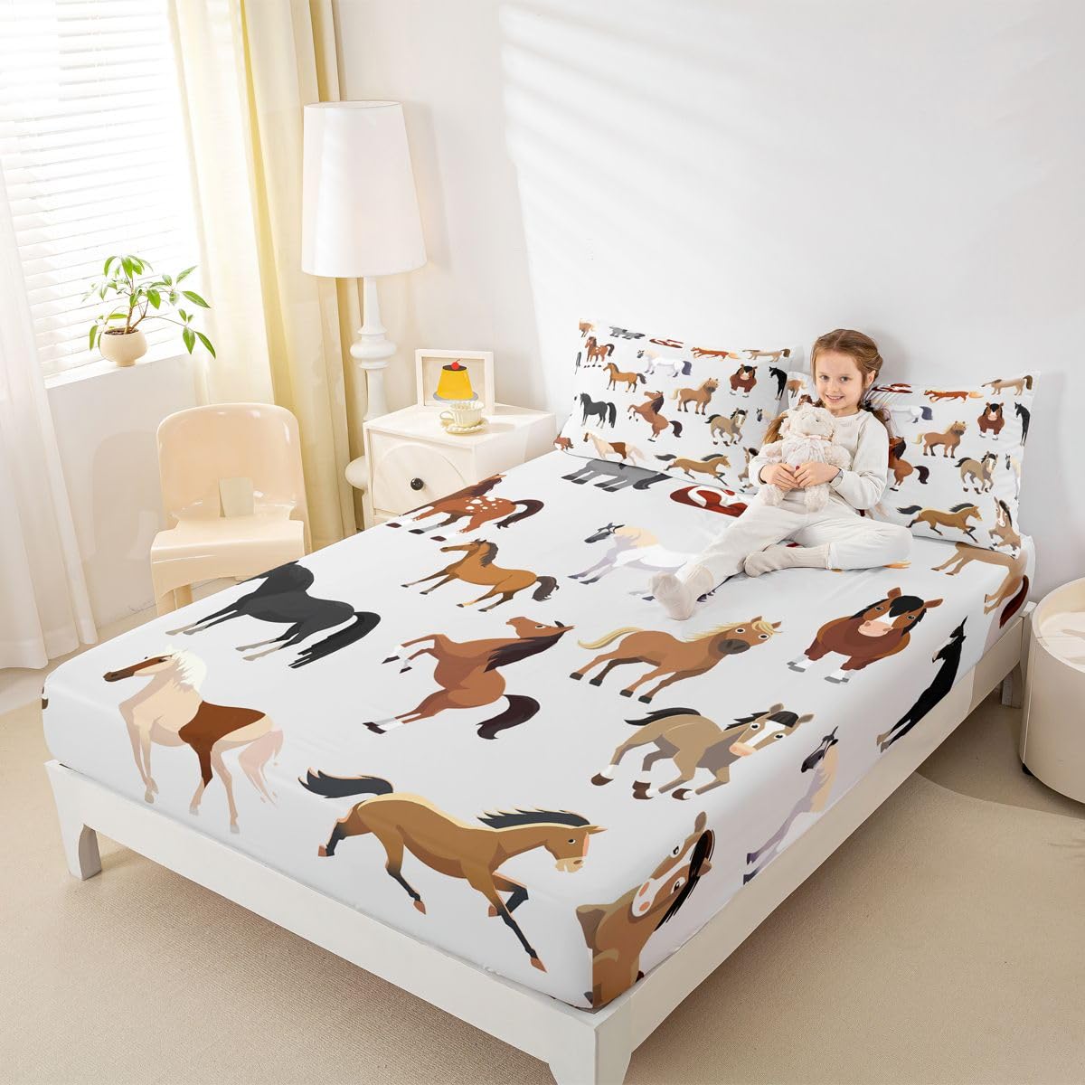 Cartoon Horse Bed Sheet for Boys Girls, Various Farm Animals Fitted Sheet for Teens Child Kids Man, Western Farmhouse Animals Bedding Sets, Cowboys Wildlife Bed Cover Twin Size Plain White
