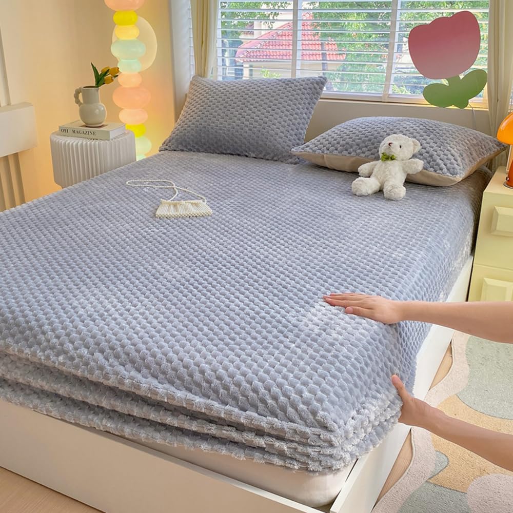 ZIQINPSQ Cozy Fleece Fitted Sheet Full Size - Ultra Soft Fuzzy Bed Sheets for Winter, Deep Pocket 15'' Velvet Plush Bottom Sheet Only (Anti-Static & Warm), Gray
