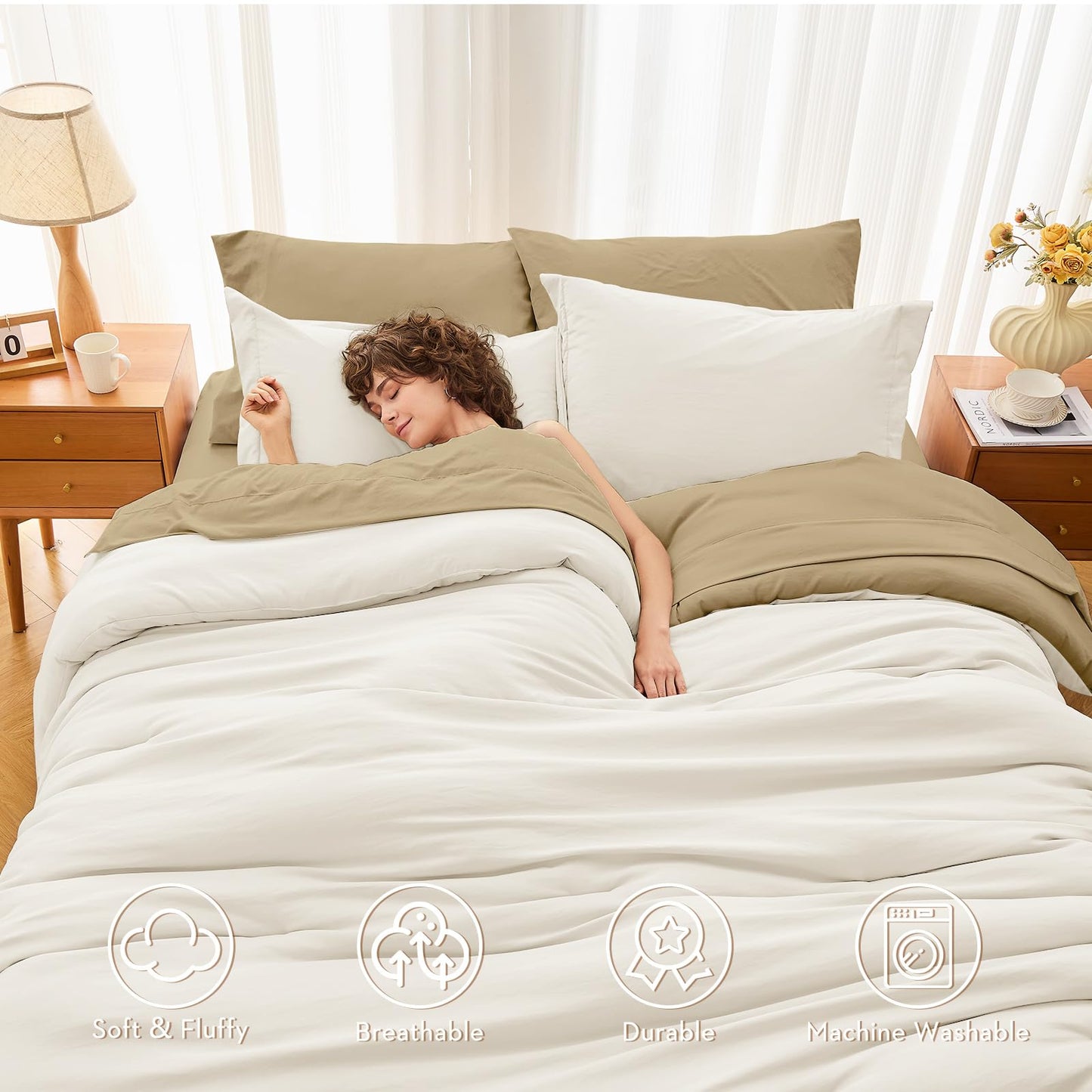 MUXHOMO 7 Pieces King Comforter Set, Soft Bed in a Bag King Size, All Season Bedding Set with Comforter, Flat Sheet, Fitted Sheet, Pillowcases & Shams, Ivory & Khaki