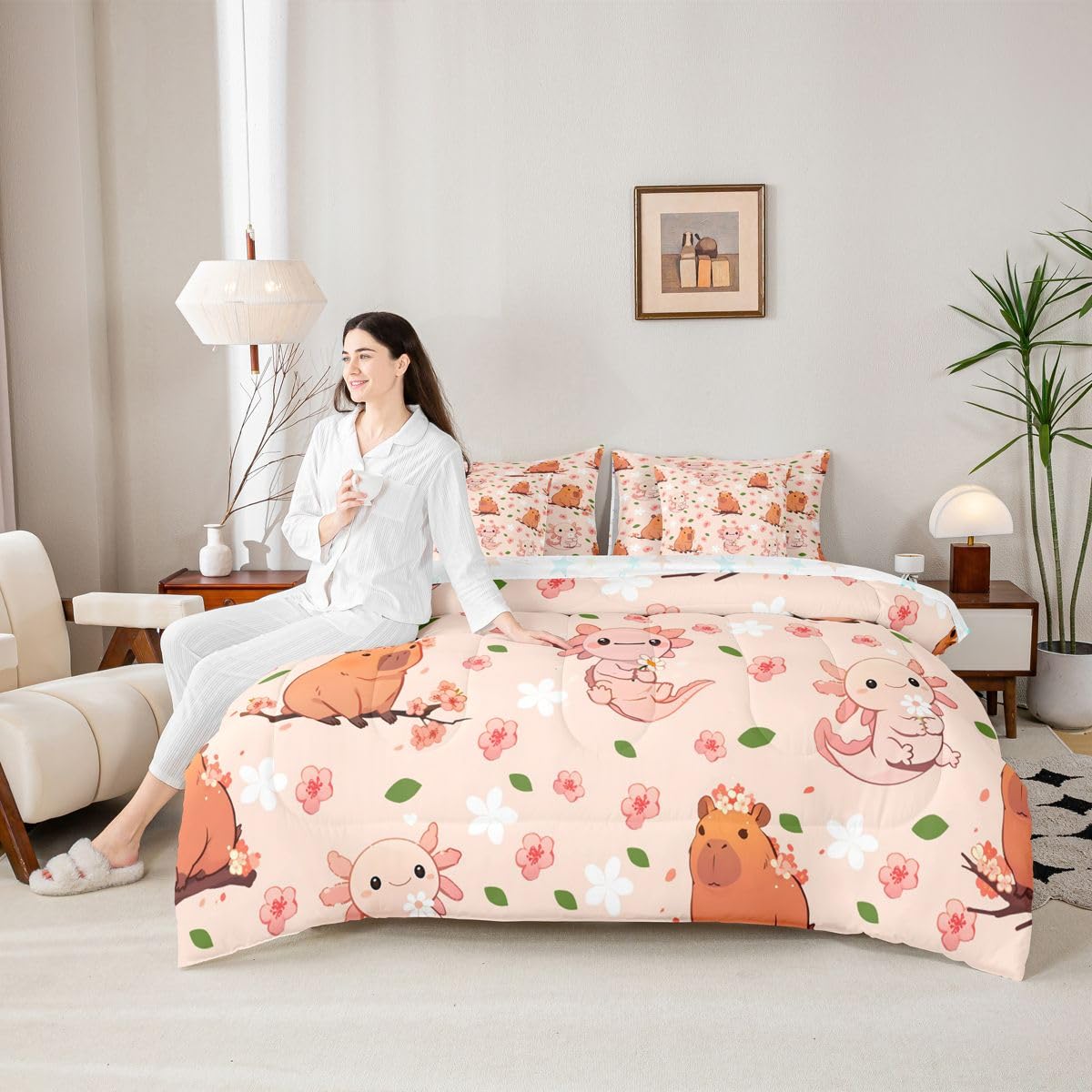 Erosebridal Cute Axolotl Queen Bedding Set Kids Cartoon Capybara Comforter Set for Boys Girls Teens Dreamy Pink Cherry Blossom 7-Piece Bed in a Bag Princess Cute Capybara Axolotl Quilt Sets