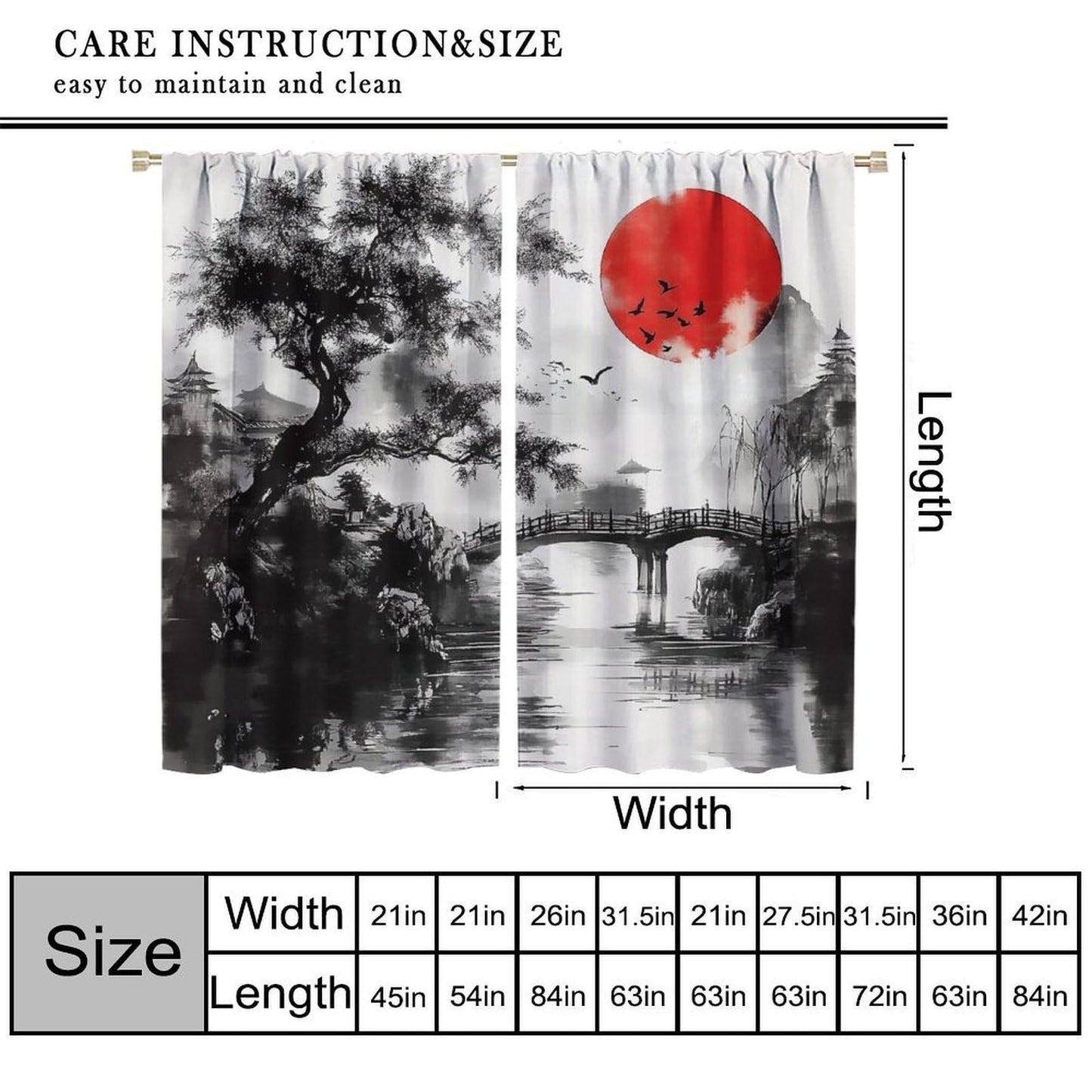 XBDDZSW Japanese Asian Curtain Watercolor Black Red Chinese Mountain Sun Tree Scenery Ink Pattern Print Bedroom Living Room Rod Pocket Window Drapes 2 Panels W42xL45 Inch Decor