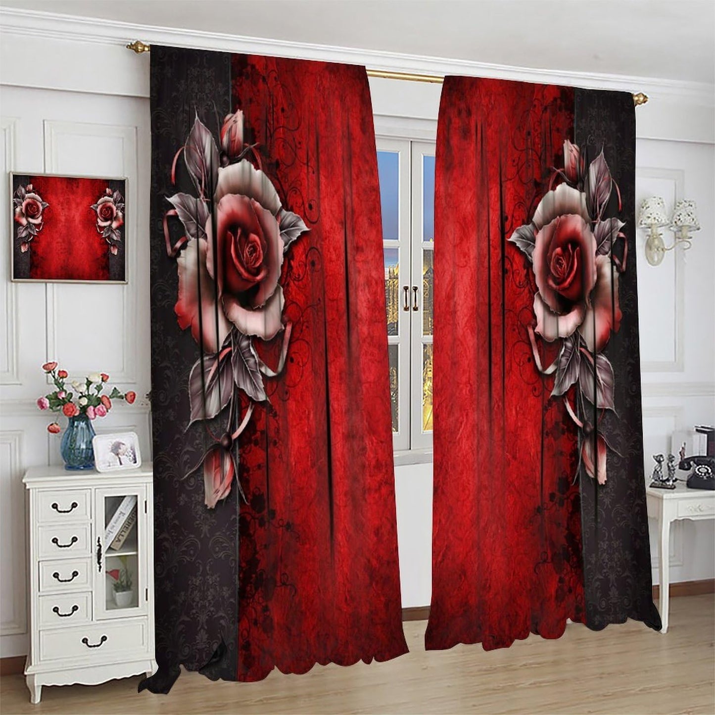 GoDazzling Retro Gothic Dream Rose Curtains, Red Rose Flower Abstract Rod Pocket Window Drapes, for Bedroom Living Room 41" W X 45" L (No Blackout)