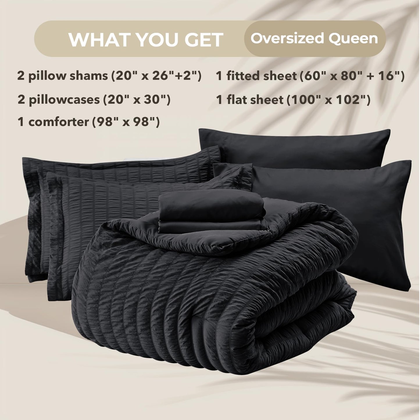 HYMOKEGE Black Oversized Queen Comforter Set Seersucker 7 Pieces, All Season Luxury Bed in a Bag for Bedroom, Bedding Set with Comforter, Sheets, Pillowcases & Shams